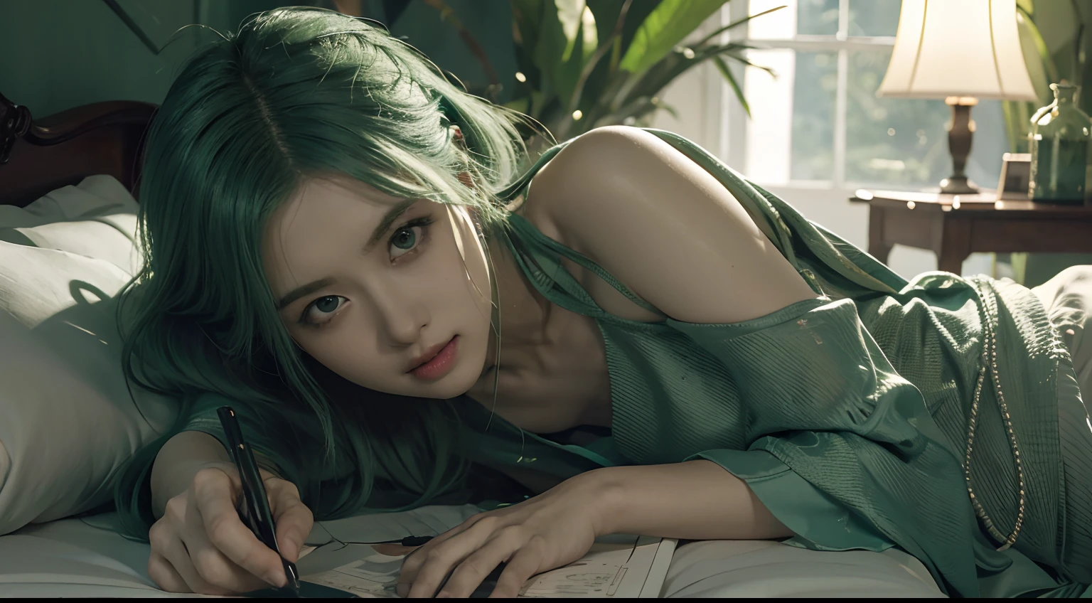 A girl with green hair, wearing a green dress, green theme background. (best quality,4k,8k,highres,masterpiece:1.2), ultra-detailed, (realistic,photorealistic,photo-realistic:1.37), HDR, UHD, studio lighting, ultra-fine painting, sharp focus, physically-based rendering, extreme detail description, professional, vivid colors, portraits, landscape, anime, sci-fi, photography, concept artists, vibrant green color palette, dramatic lighting effects.