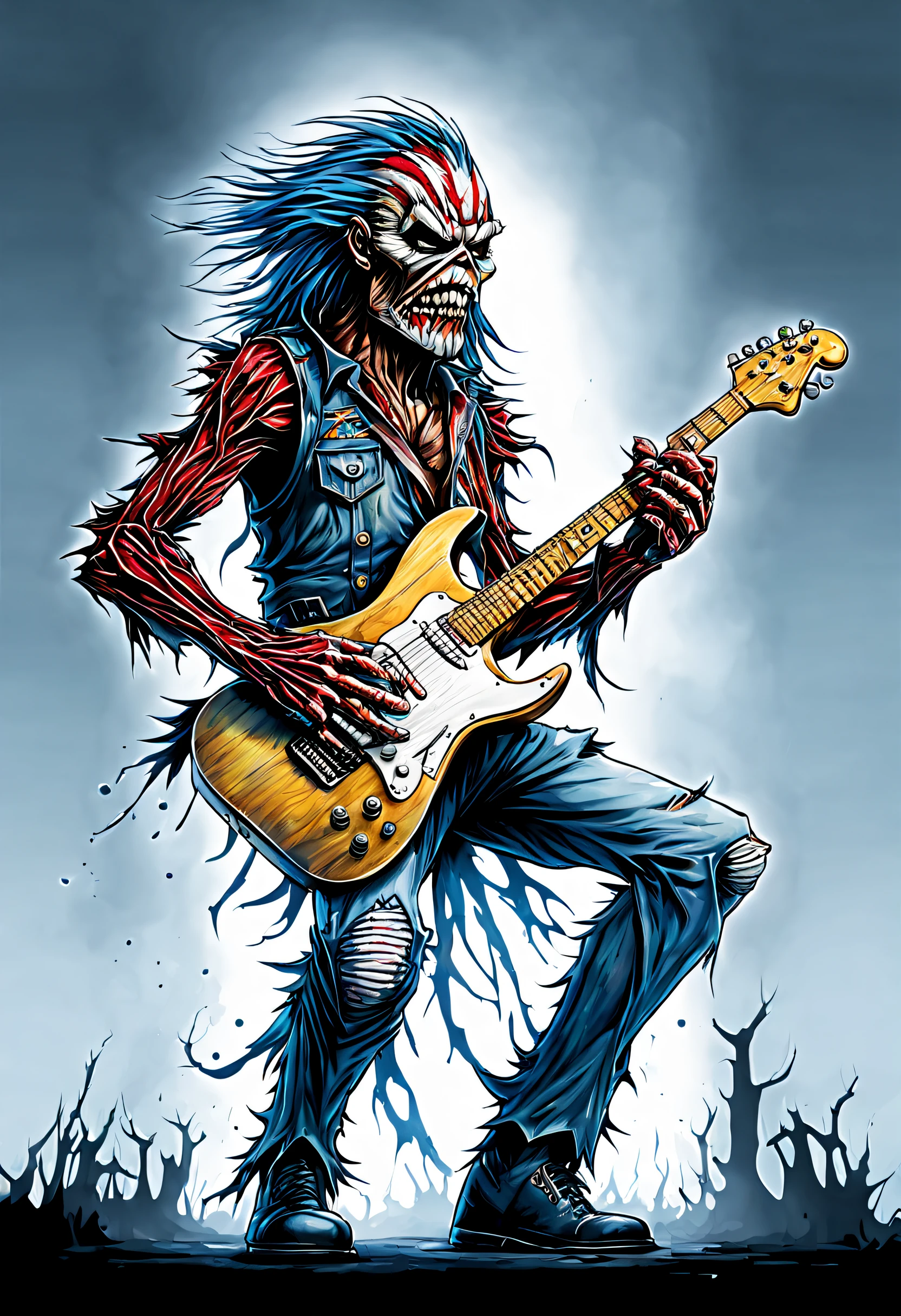 Eddy de corpo inteiro tocando guitarra, the iconic Iron Maiden mascot, posicionado com ousadia no centro da tela, gothic scenario, design para camiseta, illustration detailed, arte vetorial, aquarela, fundo branco.