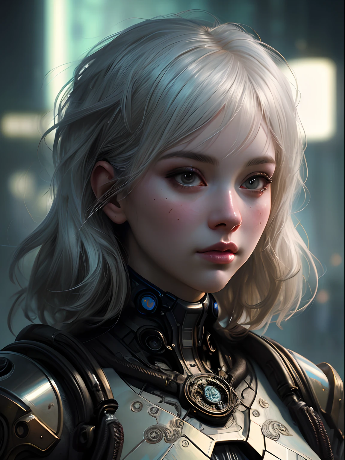 stunning photorealistic portrait photograph of a beautiful cyberpunk girl, albino, white shapeless cyberpunk hair, white eyebrows, baroque intricate cyber armor, hyperdetailed painting, luminism, Bar lighting, complex, 4k resolution concept art portrait by Greg Rutkowski, Artgerm, WLOP, Alphonse Mucha, little fusion, realistic fantasy, fractal isometrics details bioluminescence, beautiful awesome, intricately detailed, cinematic, trending on artstation | Isometric | Centered hypereallistic cover photo awesome full color, dark, gritty, realistic mucha, klimt, 12k