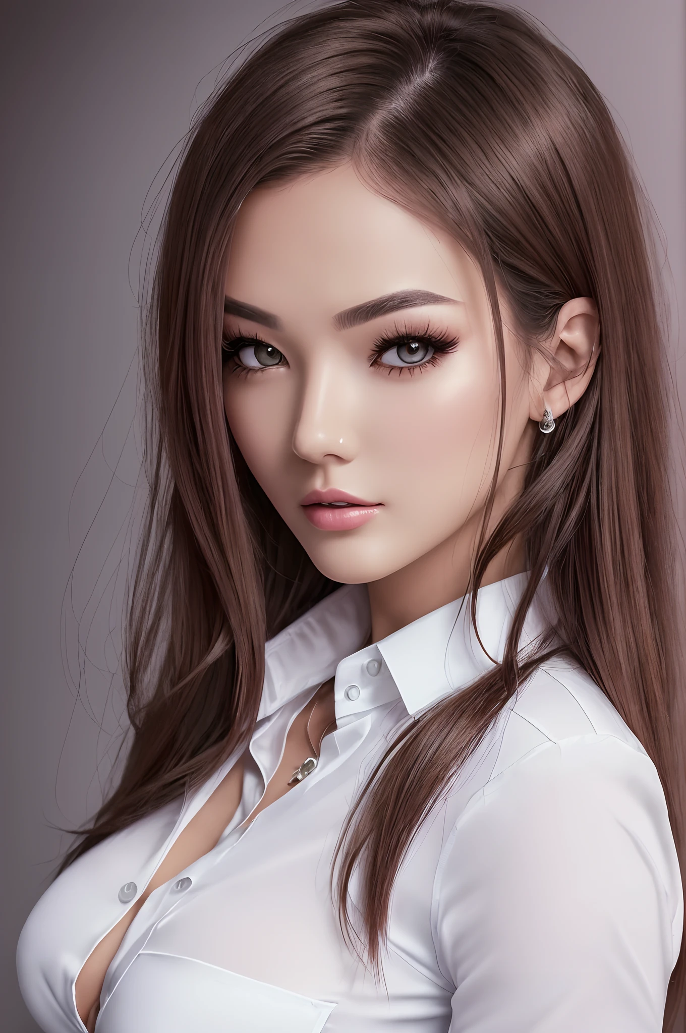 Woman wearing white business suit for office, ((Best quality, 8k, Masterpiece :1.3)), dramatic lighting, pretty woman, big breast,berfect face, wearing white shirt, look formal, 1girl, (firm abs, slender figure :1.1), lustful, dark brown hair, ultra-detailed face, detailed lips, detailed eyes, double eyelid, --auto --s2