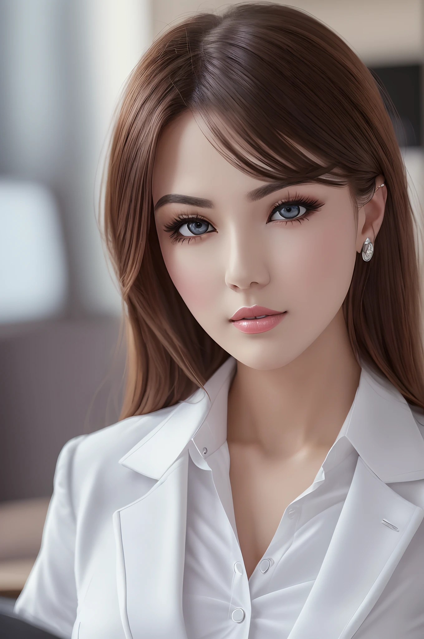 Woman wearing white business suit for office, ((Best quality, 8k, Masterpiece :1.3)), dramatic lighting, pretty woman, big breast,berfect face, wearing white shirt, look formal, 1girl, (firm abs, slender figure :1.1), lustful, dark brown hair, ultra-detailed face, detailed lips, detailed eyes, double eyelid, --auto --s2
