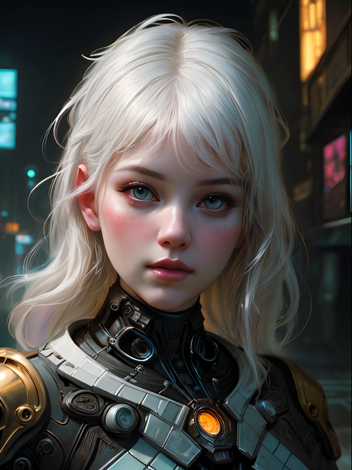 stunning photorealistic portrait photograph of a beautiful cyberpunk girl, albino, white shapeless cyberpunk hair, white eyebrows, baroque intricate cyber armor, hyperdetailed painting, luminism, Bar lighting, complex, 4k resolution concept art portrait by Greg Rutkowski, Artgerm, WLOP, Alphonse Mucha, little fusion, realistic fantasy, fractal isometrics details bioluminescence, beautiful awesome, intricately detailed, cinematic, trending on artstation | Isometric | Centered hypereallistic cover photo awesome full color, dark, gritty, realistic mucha, klimt, 12k