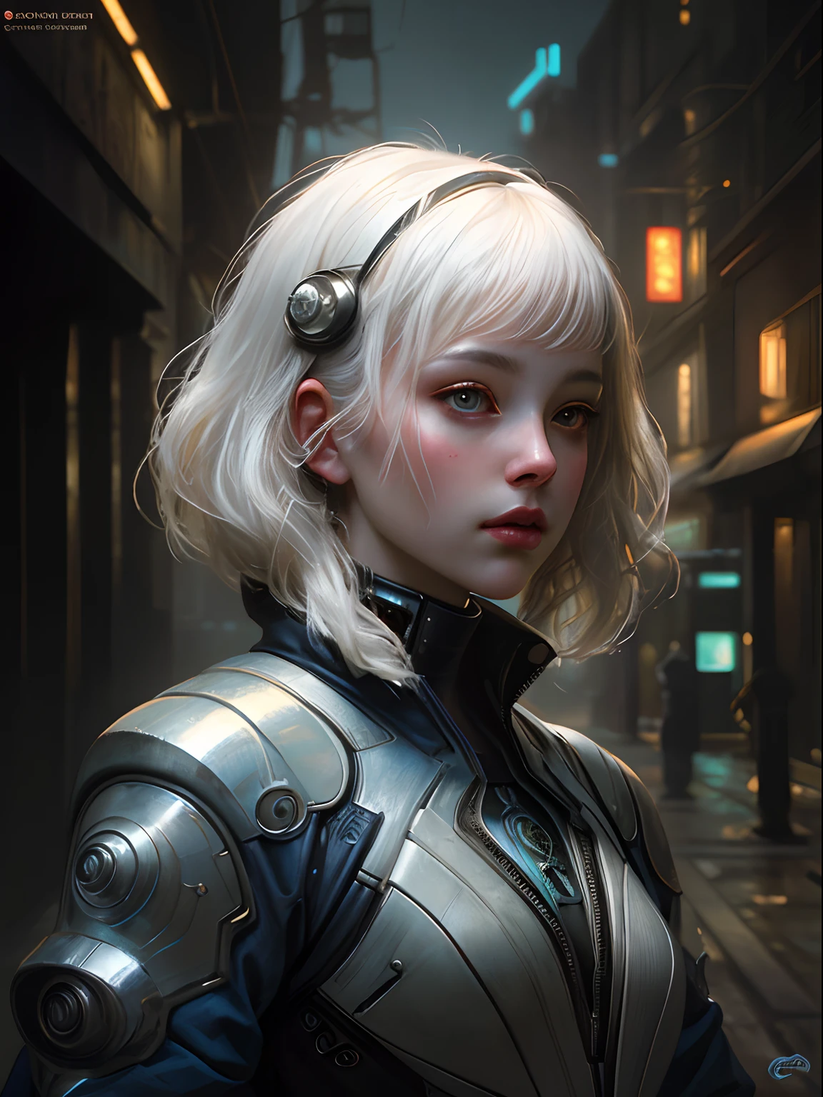 stunning photorealistic portrait photograph of a beautiful cyberpunk girl, albino, white shapeless cyberpunk hair, white eyebrows, baroque intricate cyber armor, hyperdetailed painting, luminism, Bar lighting, complex, 4k resolution concept art portrait by Greg Rutkowski, Artgerm, WLOP, Alphonse Mucha, little fusion, realistic fantasy, fractal isometrics details bioluminescence, beautiful awesome, intricately detailed, cinematic, trending on artstation | Isometric | Centered hypereallistic cover photo awesome full color, dark, gritty, realistic mucha, klimt, 12k