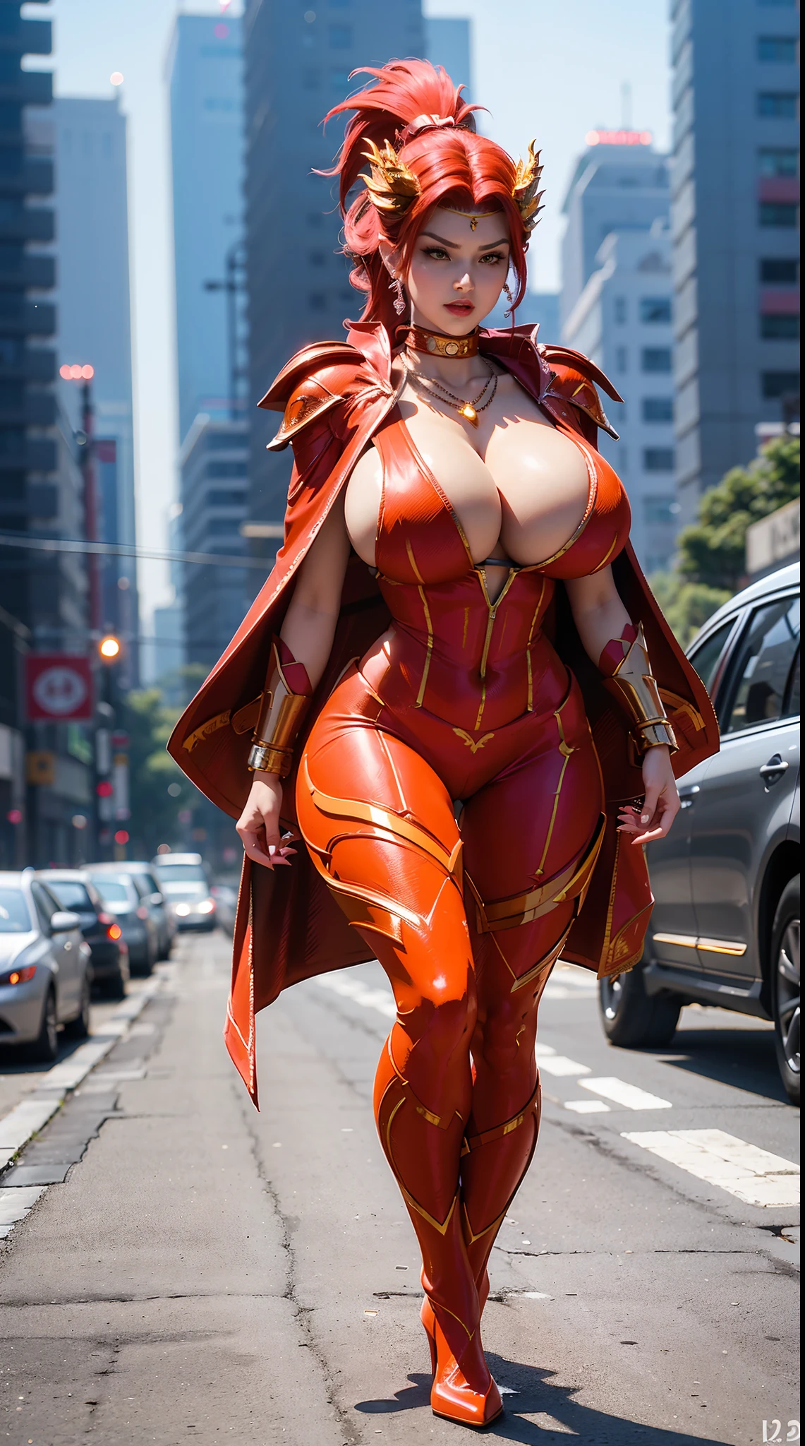 1GIRL, SOLO, COQUETTE, (HAIR ORNAMENT, NECKLACE,PONYTAIL), (HUGE FAKE BOOBS:1.3), (STREET CITY BACKGROUND), (FUTURISTIC RED PHOENIX MECHA BODYSUIT, ROYAL CAPE, CLEAVAGE:1.2), (SKINTIGHT YOGA HOTPANTS, HIGH HEELS:1.2), (PERFECT BODY, FULL BODY VIEW:1.5), (LOOKING AT VIEWER), (WALKING DOWN:1.2), MUSCLE ABS:1.3, ULTRA HIGHT DEFINITION, 8K, 1080P.