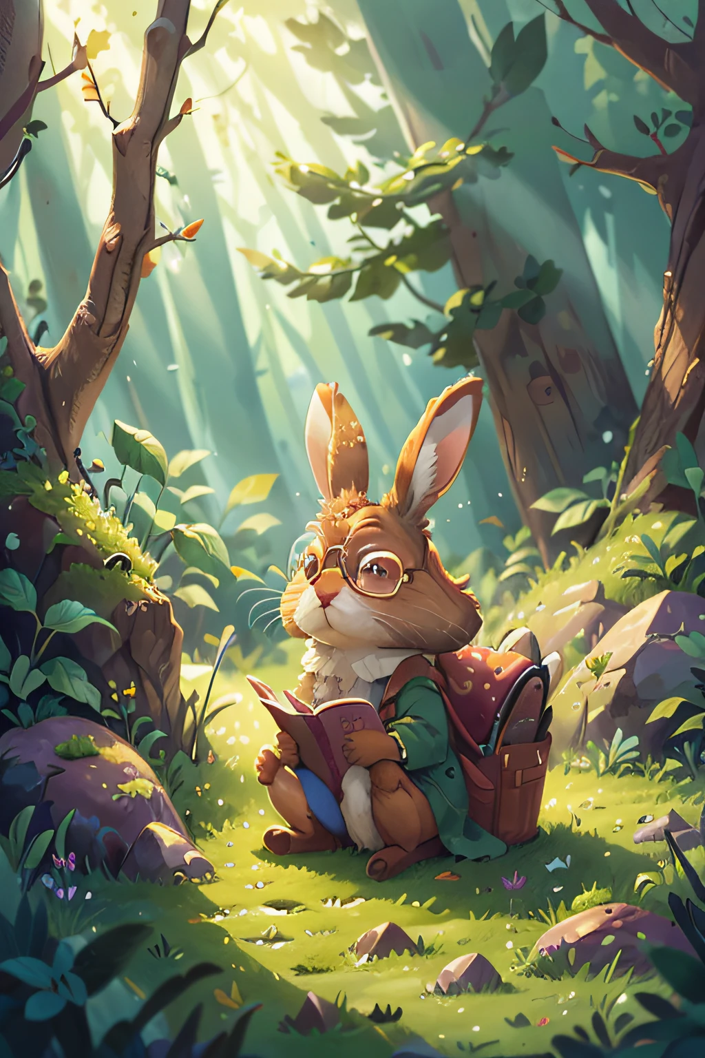 "super-intelligent hare,Lila,garden,illustration,ultra-detailed,realistic,colors,soft lighting, glasses"