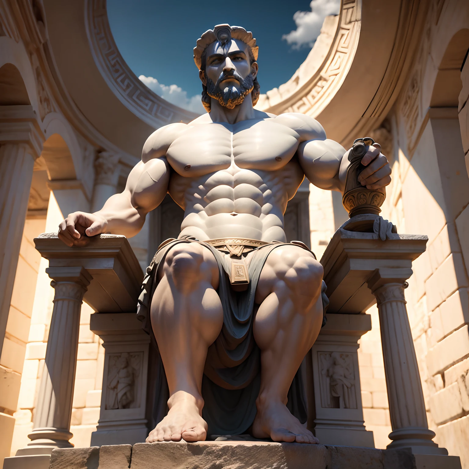 Ancient Greek statue with angry expression, com grandes musculos, Outside, com rosto extremamente detalhado full body view, Colors with low saturation with dark tone, Filmado em Sony A7S III com Sony FE 35mm f/1.8, 12.1 MP, --AR 3:2 --estilo cru