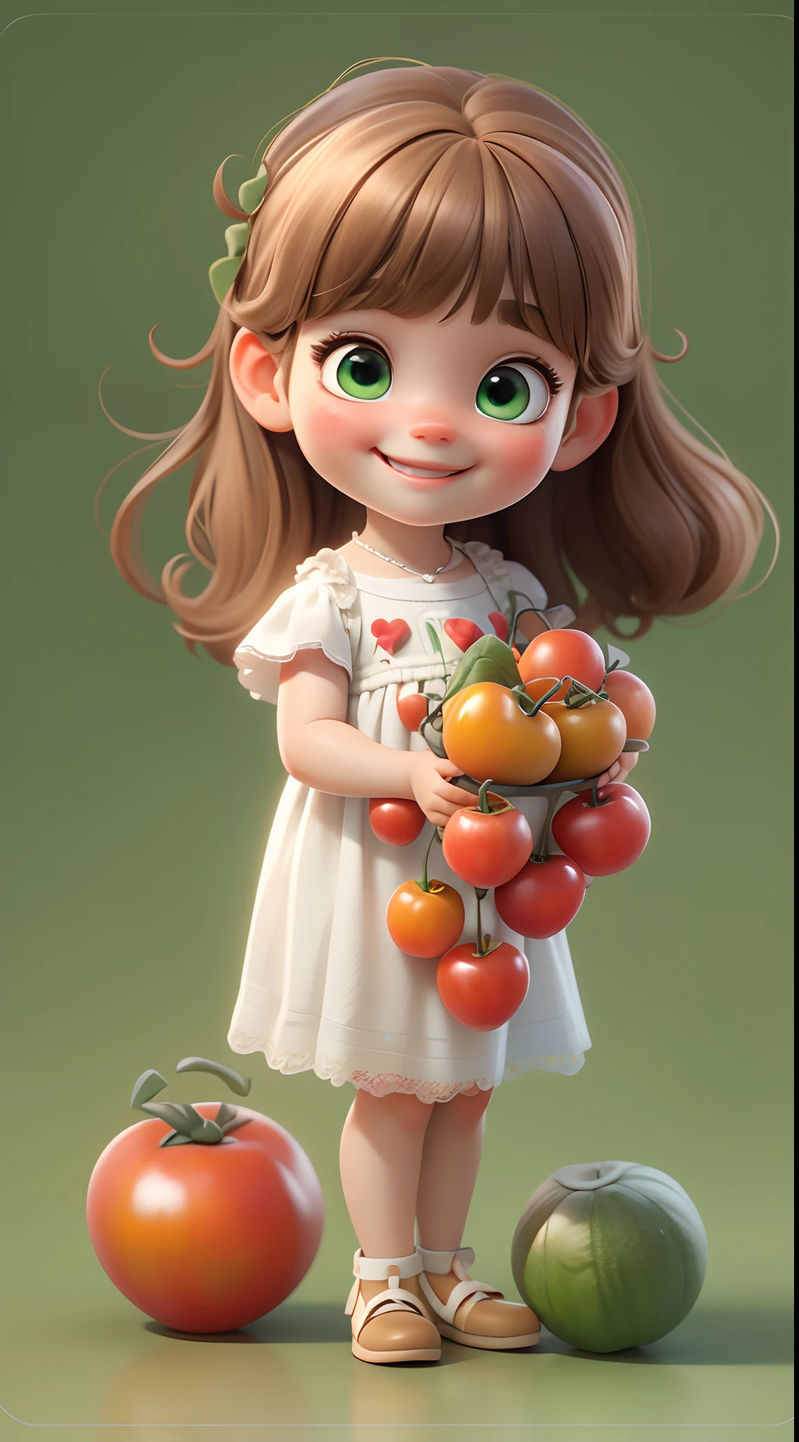 3d, a little baby girl, cute miniature, pixar style, light brown hair, straight hair, hair with bangs, white skin, green eyes, holding cherry tomatoes, white dress, she is smiling, full body