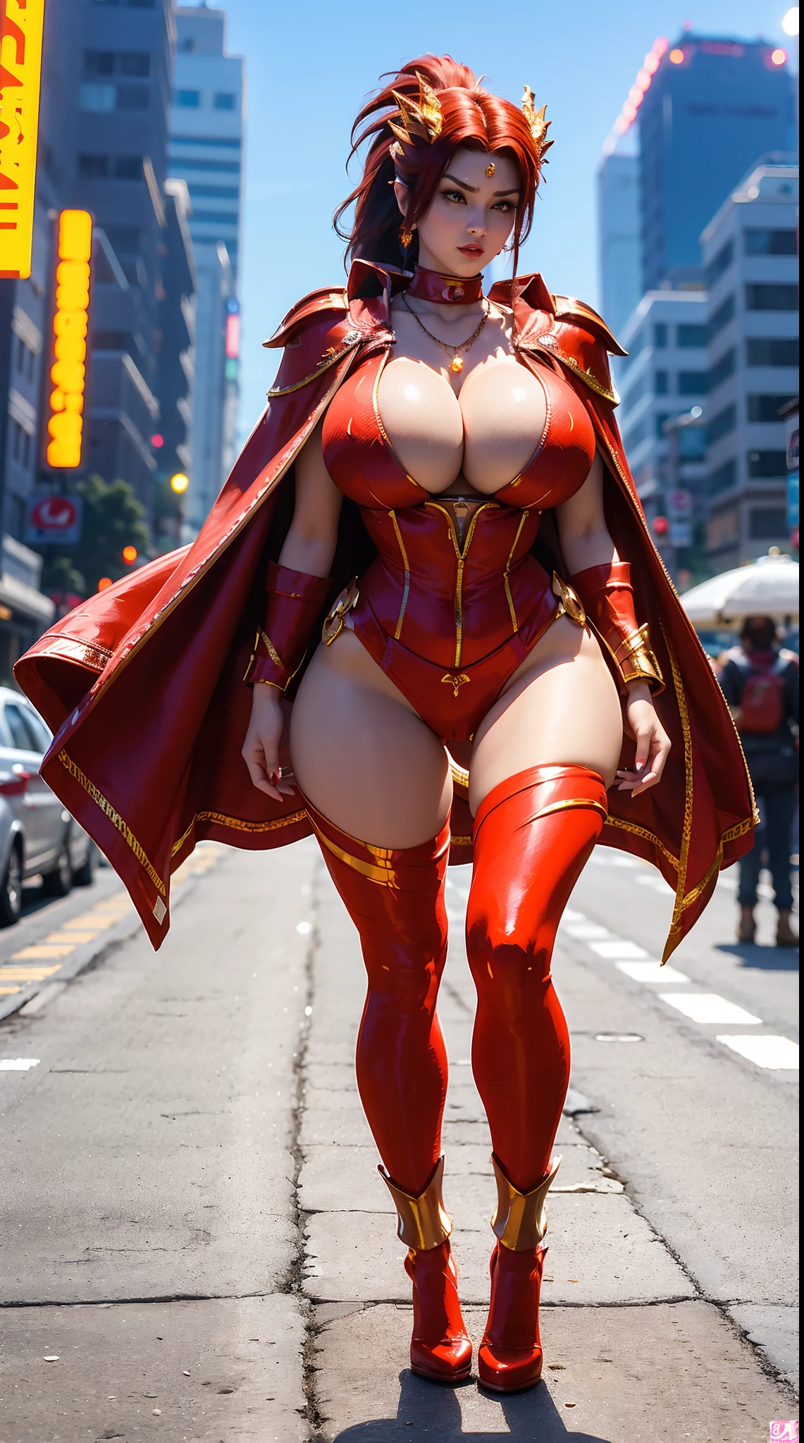 1GIRL, SOLO, COQUETTE, (HAIR ORNAMENT, NECKLACE,PONYTAIL), (HUGE FAKE BOOBS:1.3), (STREET CITY BACKGROUND), (FUTURISTIC RED PHOENIX MECHA BODYSUIT, ROYAL CAPE, CLEAVAGE:1.2), (SKINTIGHT YOGA HOTPANTS, HIGH HEELS:1.2), (PERFECT BODY, FULL BODY VIEW:1.5), (LOOKING AT VIEWER), (WALKING DOWN:1.2), MUSCLE ABS:1.3, ULTRA HIGHT DEFINITION, 8K, 1080P.