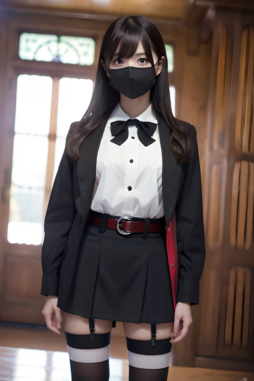 ​masterpiece、top-quality、The ultra -The high-definition、、colourfull、flat-colors、depth of fields、lens flare 1 girl、、A dark-haired、watching at viewers　　Cutter shirt　a belt　suspenders　working adults　materia　OL　Black Suit　Black jacket　glares　huge-breasted　a miniskirt　garterbelts　knee high　Stockings　Black Neeso Mask　Rat-colored eyes