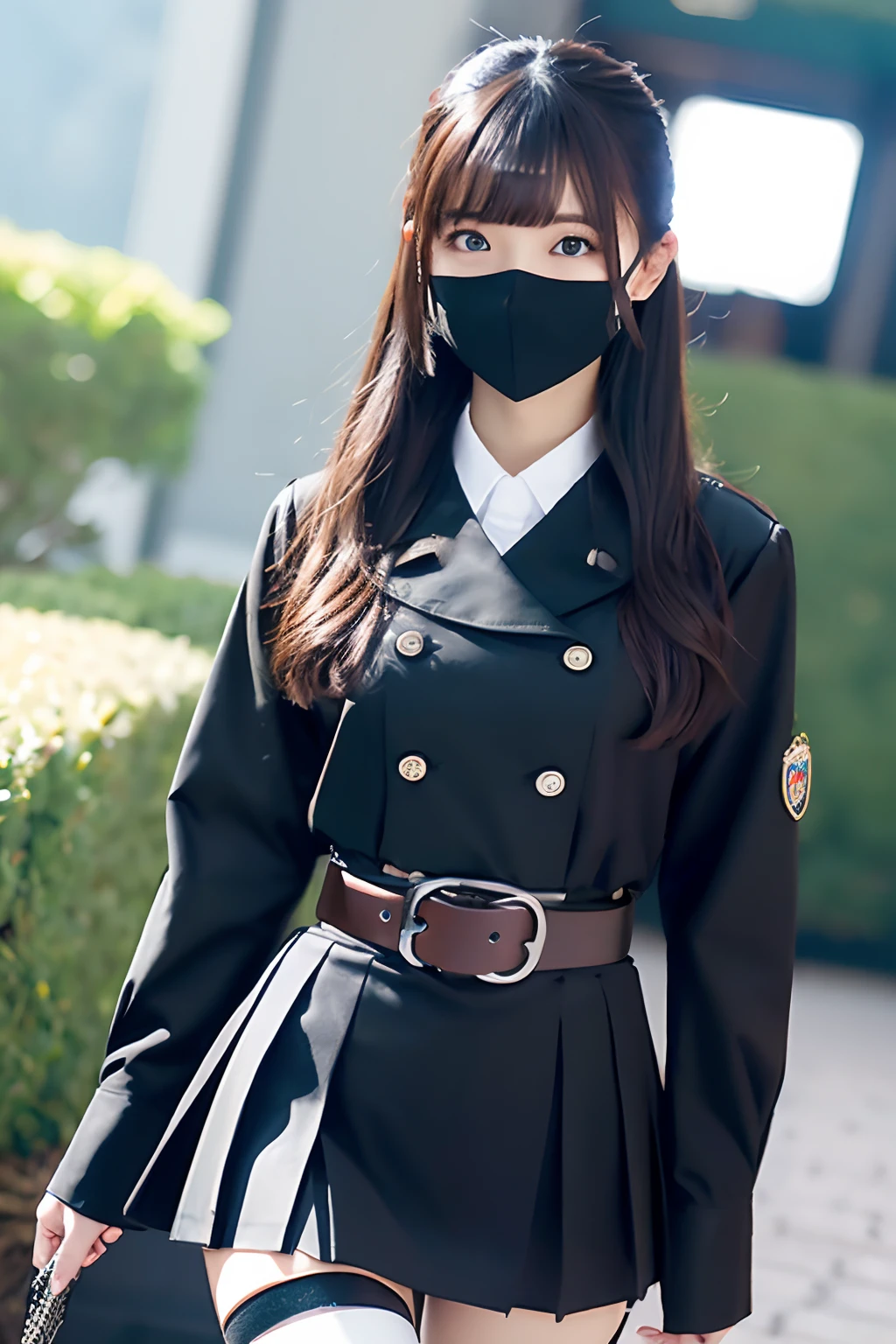 masterpiece、top-quality、The ultra -The high-definition、、colourfull、flat-colors、depth of fields、lens flare 1 girl、、A dark-haired、watching at viewers Cutter shirt a belt suspenders working adults materia OL Black Suit Black jacket glares huge-breasted a miniskirt garterbelts knee high Stockings Black Neeso Mask Rat-colored eyes