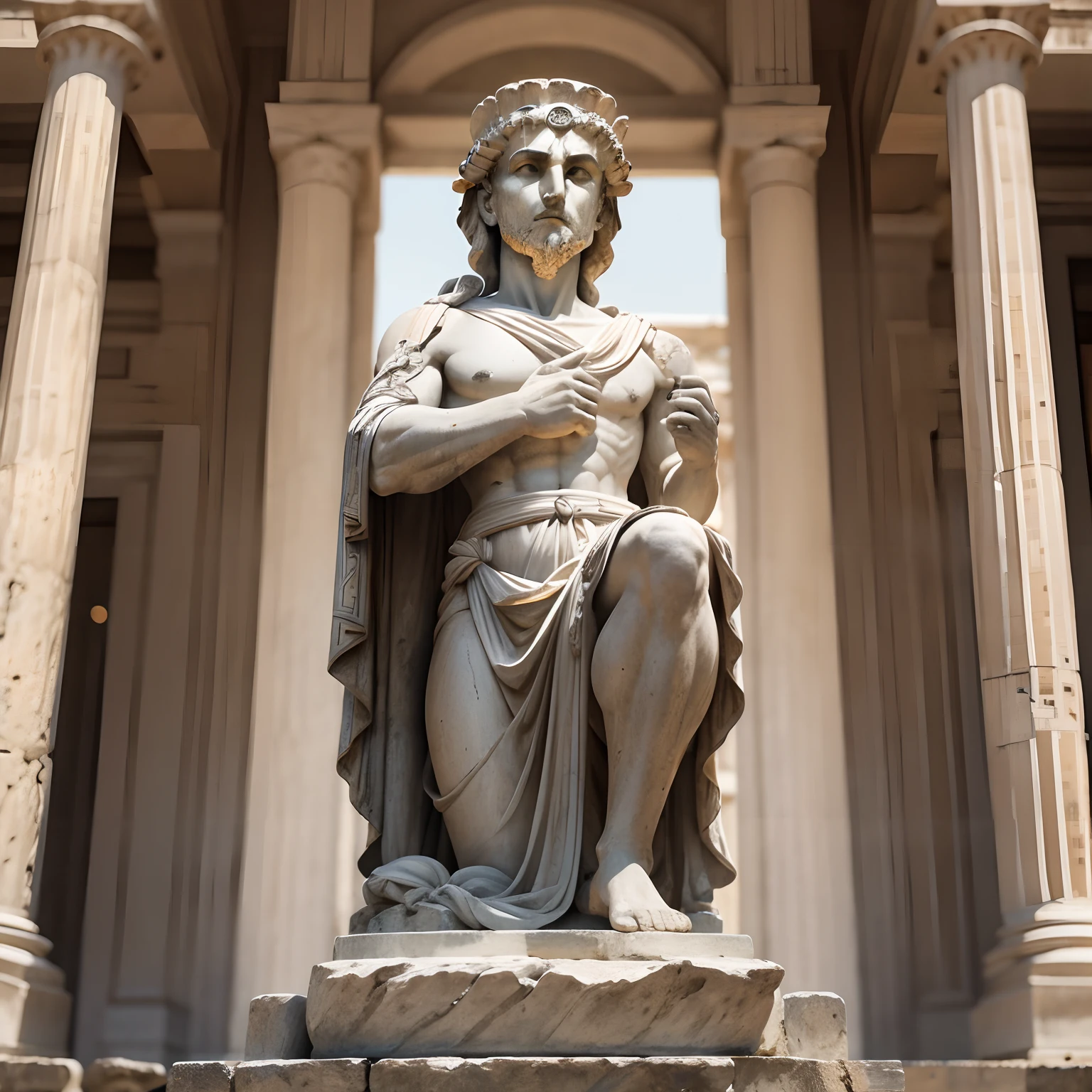 Ancient Greek statue with angry expression, Outside, com rosto extremamente detalhado full body view, Colors with low saturation with dark tone, Filmado em Sony A7S III com Sony FE 35mm f/1.8, 12.1 MP, --AR 3:2 --estilo cru