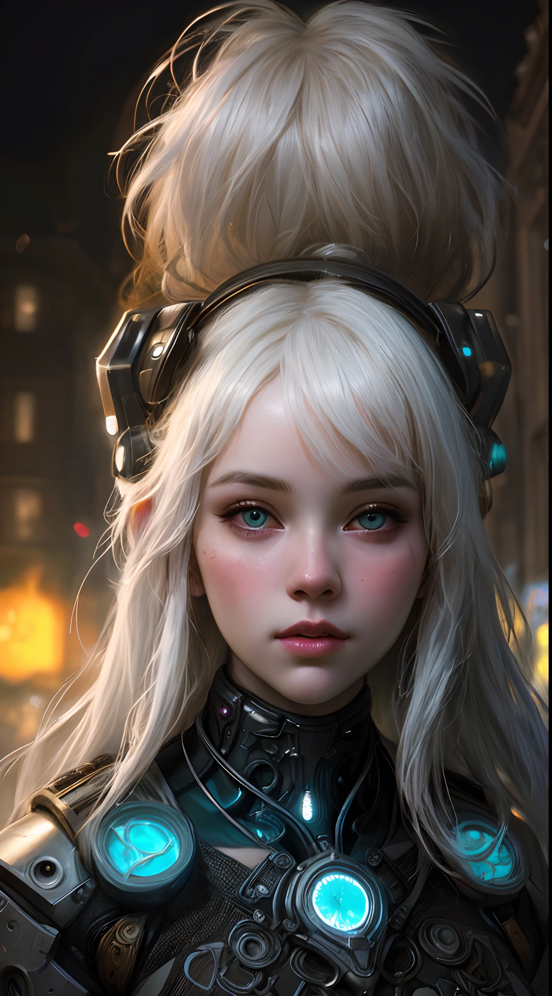 stunning photorealistic portrait photograph of a beautiful cyberpunk girl, albino, white shapeless cyberpunk hair, white eyebrows, baroque intricate cyber armor, hyperdetailed painting, luminism, Bar lighting, complex, 4k resolution concept art portrait by Greg Rutkowski, Artgerm, WLOP, Alphonse Mucha, little fusion, realistic fantasy, fractal isometrics details bioluminescence, beautiful awesome, intricately detailed, cinematic, trending on artstation | Isometric | Centered hypereallistic cover photo awesome full color, dark, gritty, realistic mucha, klimt, 12k