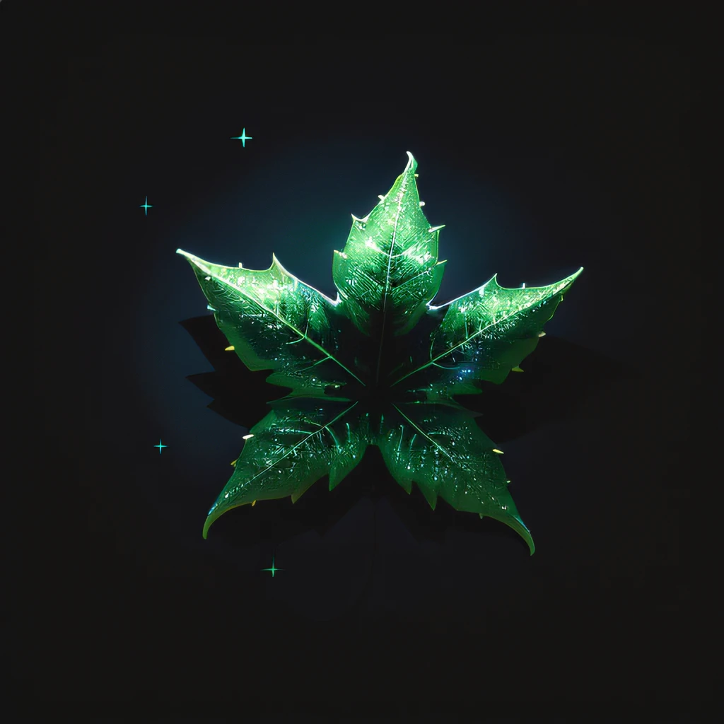 star leaf with an emerald hue that reflects the night sky, black background