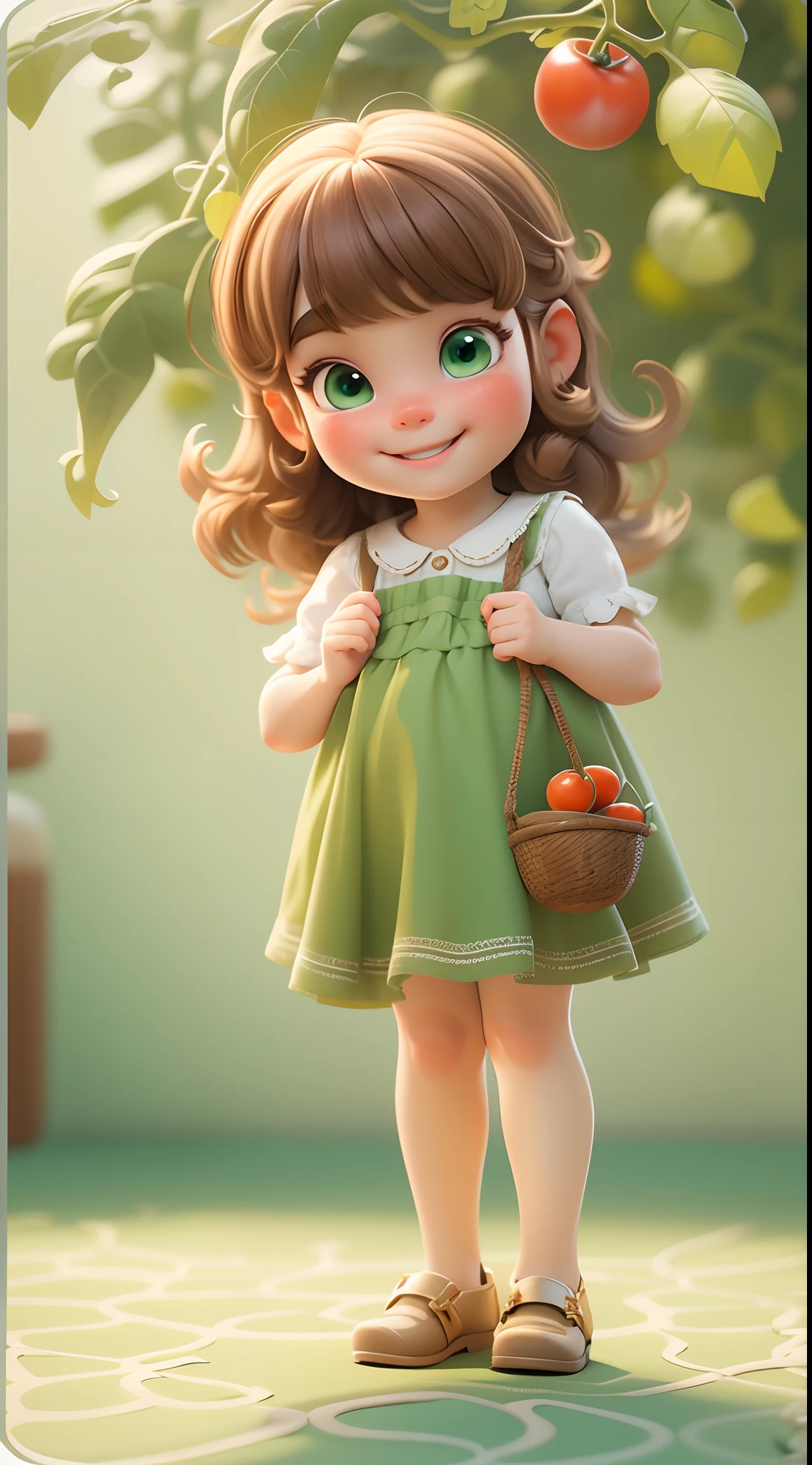 3d, a , cute miniature, pixar style, light brown hair, straight hair, hair with bangs, white skin, green eyes, holding cherry tomatoes, white dress, she is smiling, full body