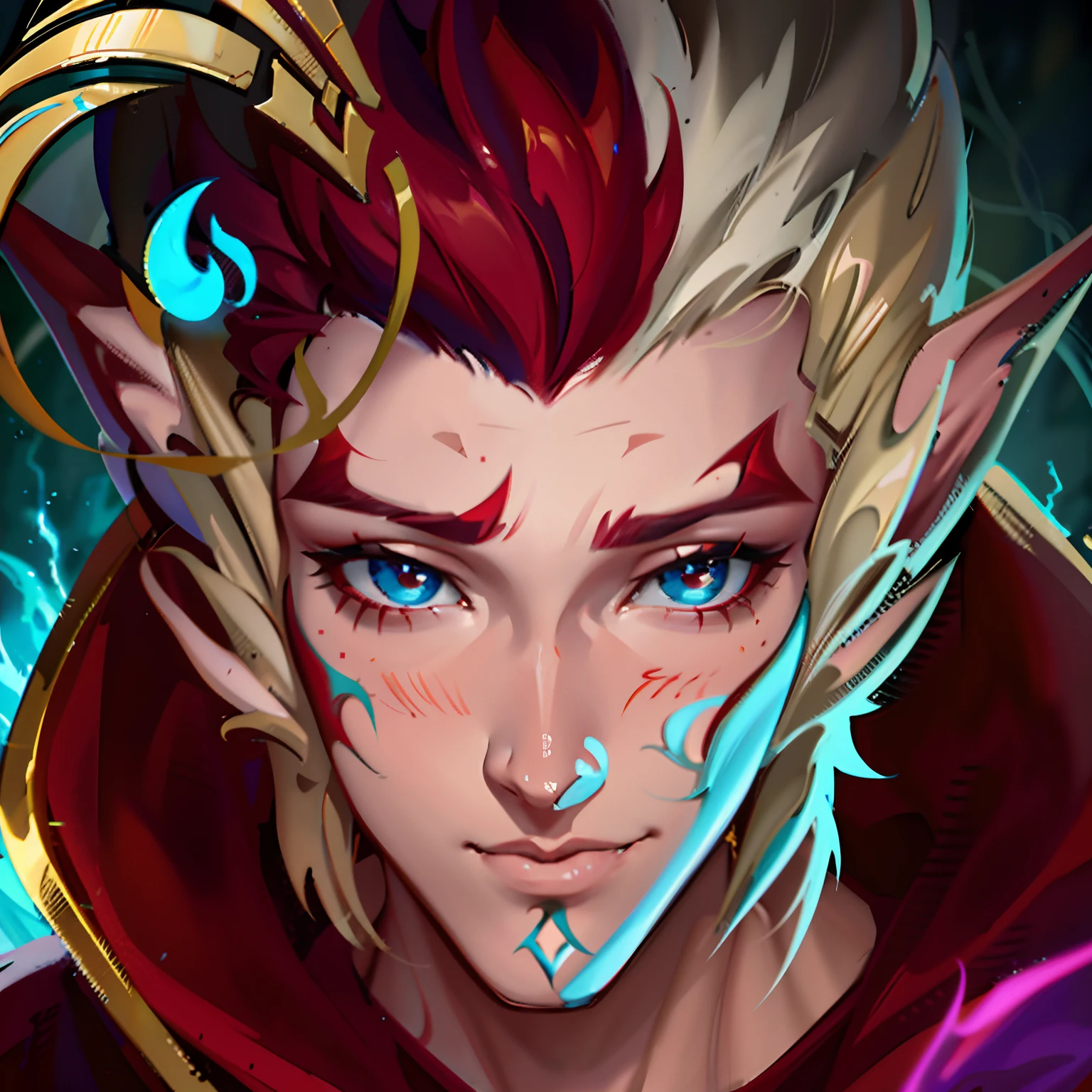 a close up of a person with a red hair and a red cape, sylas, astri lohne, amazing portrait of viego, artgrem, kda, style of kieran yanner, arcane jayce, zenra taliyah, taliyah, thertrevkaiser, arvalis, avatar image, sakimi , rakan