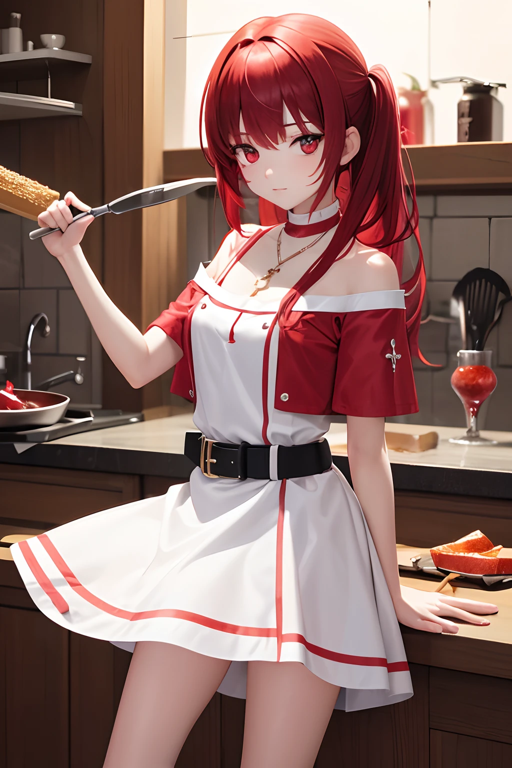 1 saint priest, red and white dress, red eyes, red hair, girl, Spatula in hand, Best Quality, Ultra High Resolution, high detailed skin, belt, religious necklace, in a spatula world