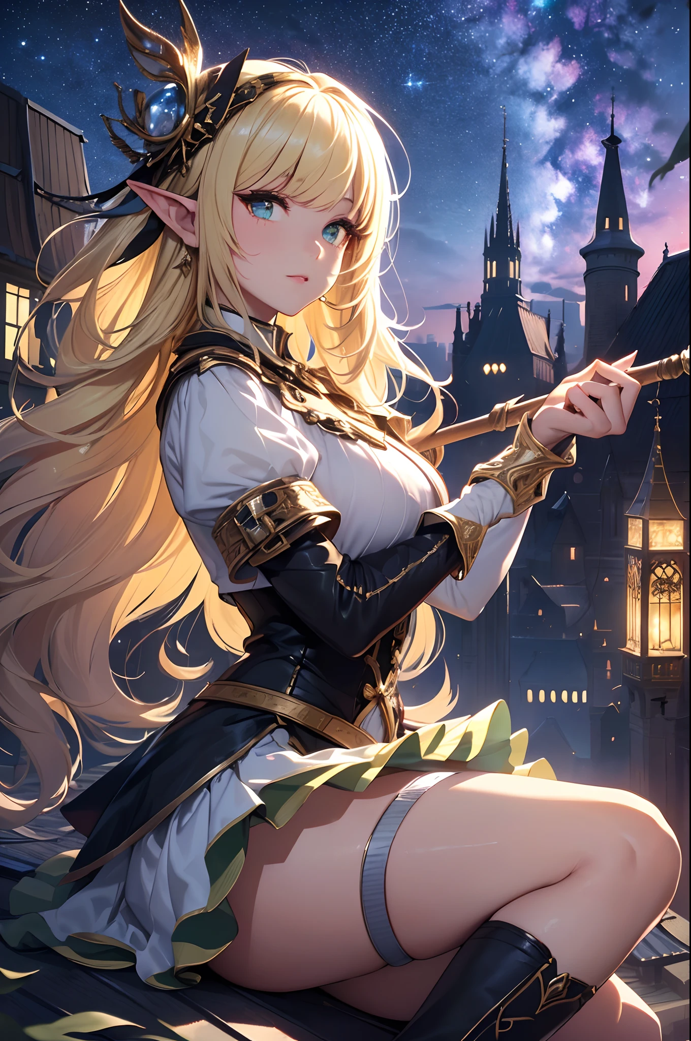 (Official art、Best Quality、Unity 8k Wallpapers、32K、​masterpiece、ultra-detailliert、超A high resolution、realisitic、Photorealsitic:1.2)、(Cinematic lighting:1.2)、Fireglow effect、film grains、Best Shadows、Rim lighting、side lights、sideshot、(Ultra-detailed and complex 3D rendering)、Detailed beautiful face and eyes、Sharp pupils、Realistic pupils、A slender、１Man Woman、Medium bust、(Full body:1.2)、 Highly detailed background、beauitful face、16-year-old beautiful girl、(super detailed skin、detailed skin textures:1.3)、(Half Blonde、Colorful hair:1.3)、Blunt bangs、green colored eyes、elf-ears、magical girl costume、white  shirt、Costumes with frills、frills skirt、knee sox、(thighs thighs thighs thighs:0.8)、Black boots、(Fantastic and beautiful night sky、Medieval city at night、On the roof of the tower:1.4)、(carrying a magical staff:1.3)、(Looking away、overlooking a city:1.3)、Fantastical、Gentle smile、I opened my mouth a little.