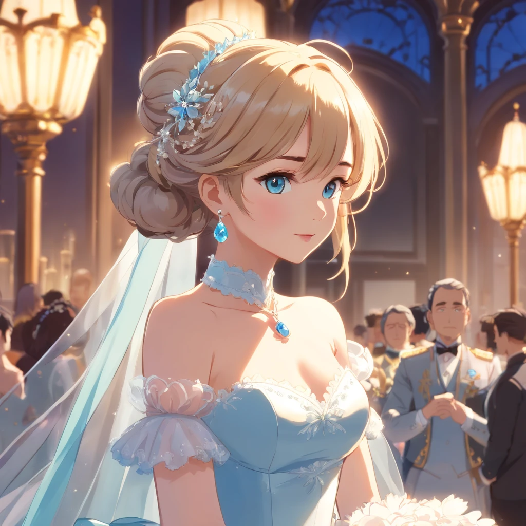 Best quality, Masterpiece, a stunningly beautiful Greer Grammer as a royal bride wearing a stately and elaborate royal wedding dress of white satin and tulle adorned with huge ribbon bows, lace, frills, flounces, embroidery and jewels, with enormous puffed sleeves, an hourglass waist and a voluminous crinoline hoopskirt, bustle, and train, long white gloves, pearl necklace and earrings, elaborately curled and styled hair