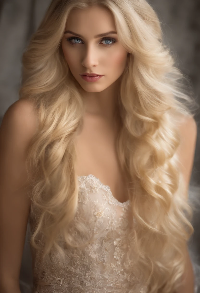 eine Frau mit langen blonden Haaren steht vor einem Spiegel, Sie hat blonde Haare, blonde hair and large eyes, long blonde hair and large eyes, her hair is white, she has a cute face, Ihr Gesicht sieht aus wie eine Orchidee, Kailee Mandel, long blonde hair and large eyes, Ihre Garderobe ist attraktiv, blonde goddess, very pretty face, ultra realistisches gesicht, nackt, keine klamotten