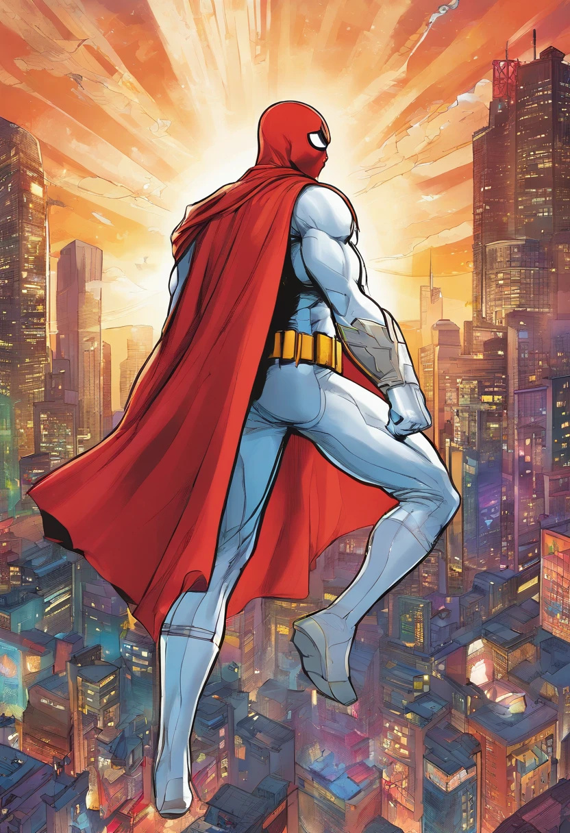 (best quality,4k,8k,highres,masterpiece:1.2),ultra-detailed, book,illustration,superhero,white costume,star on chest,red hooded cape with stars,futuristic galaxy glasses,man,masculine,heroic pose,cityscape background,vibrant colors,sharp focus,comic style shading,dynamic lighting