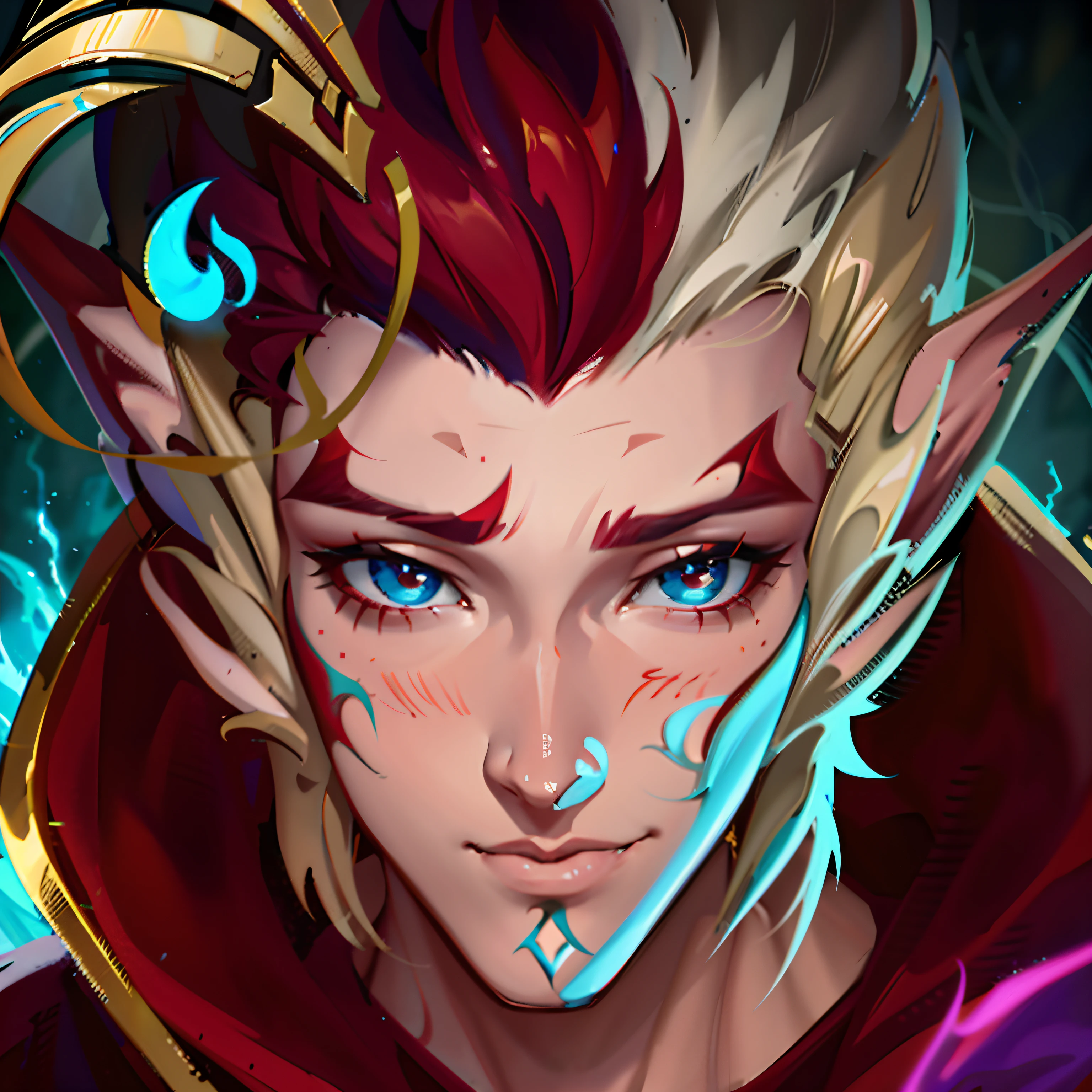 masterpiece, noise suppression, void noise, one male elf, Best quality, permission 8k, male focus, sharp image, just concentrate, stunning composition, volumetric lighting, super quality, Very detailed, fantasy, adult male elf with long red curly hair, Blue eyes, freckles on the face, scar on forehead and lip, thin, pale skin, stern look, Sharp facial features, grins evilly, dark magician necromancer in a black robe, surrounded by the dead in a dungeon