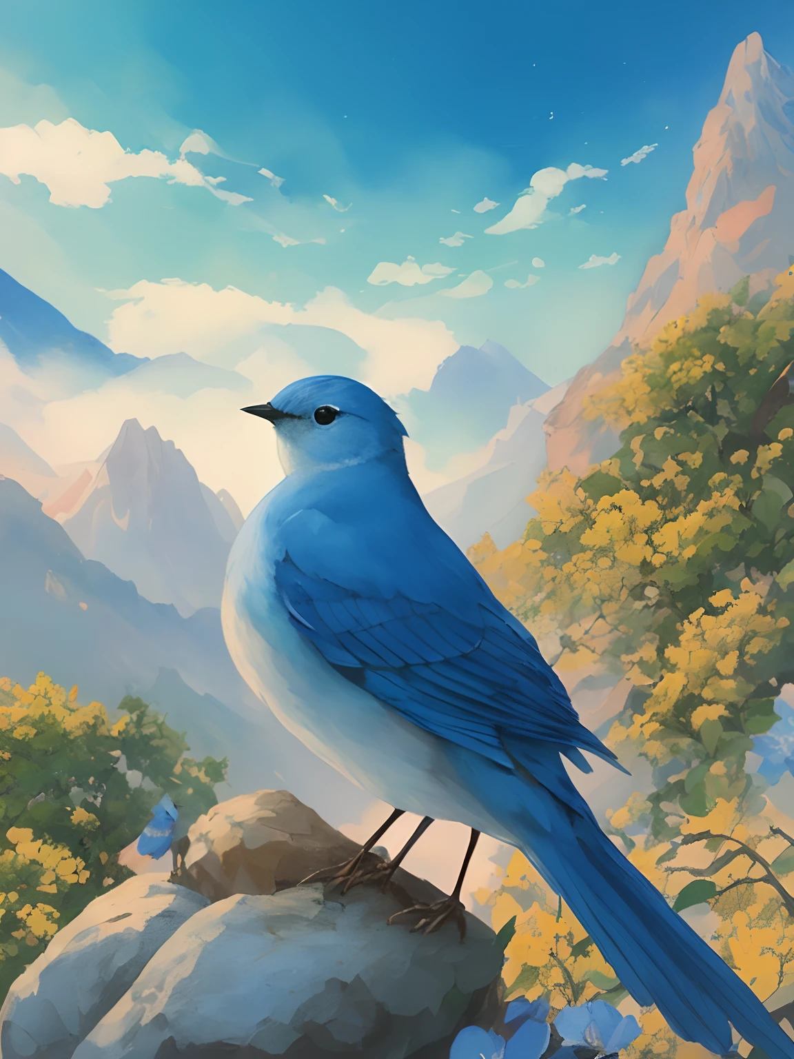 painting of a blue bird sitting on a rock with a mountain in the background, blue bird, beautiful art uhd 4 k, detailed painting 4 k, painted in anime painter studio, jen bartel, inspired by Koson Ohara, anime nature, makoto shinkai cyril rolando, highly detailed digital painting, ryan dyar, inspired by Josetsu
