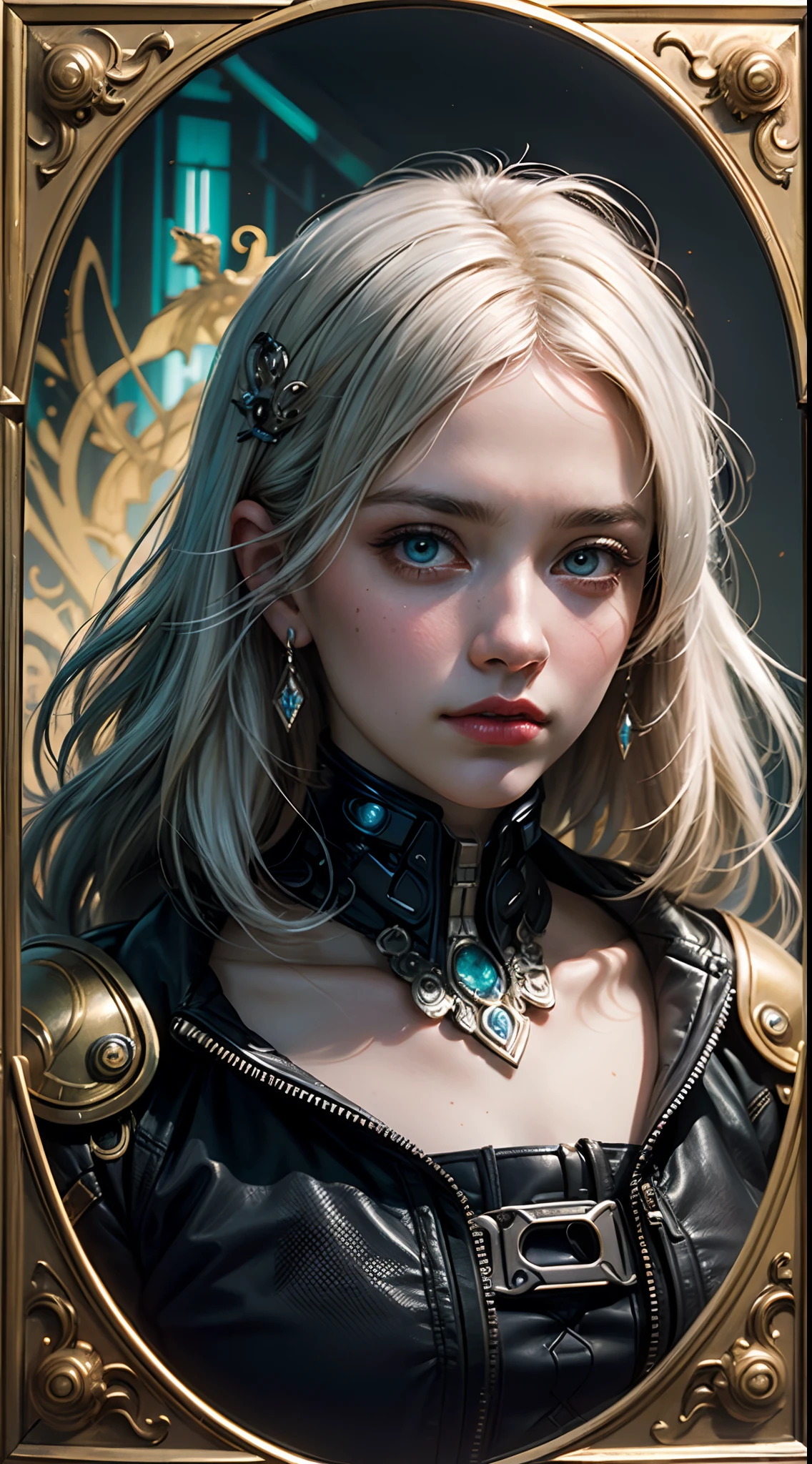 stunning photorealistic portrait photograph of a beautiful cyberpunk girl, albino, white shapeless cyberpunk hair, white eyebrows, baroque intricate cyber armor, hyperdetailed painting, luminism, Bar lighting, complex, 4k resolution concept art portrait by Greg Rutkowski, Artgerm, WLOP, Alphonse Mucha, little fusion, realistic fantasy, fractal isometrics details bioluminescence, beautiful awesome, intricately detailed, cinematic, trending on artstation | Isometric | Centered hypereallistic cover photo awesome full color, dark, gritty, realistic mucha, klimt, 12k