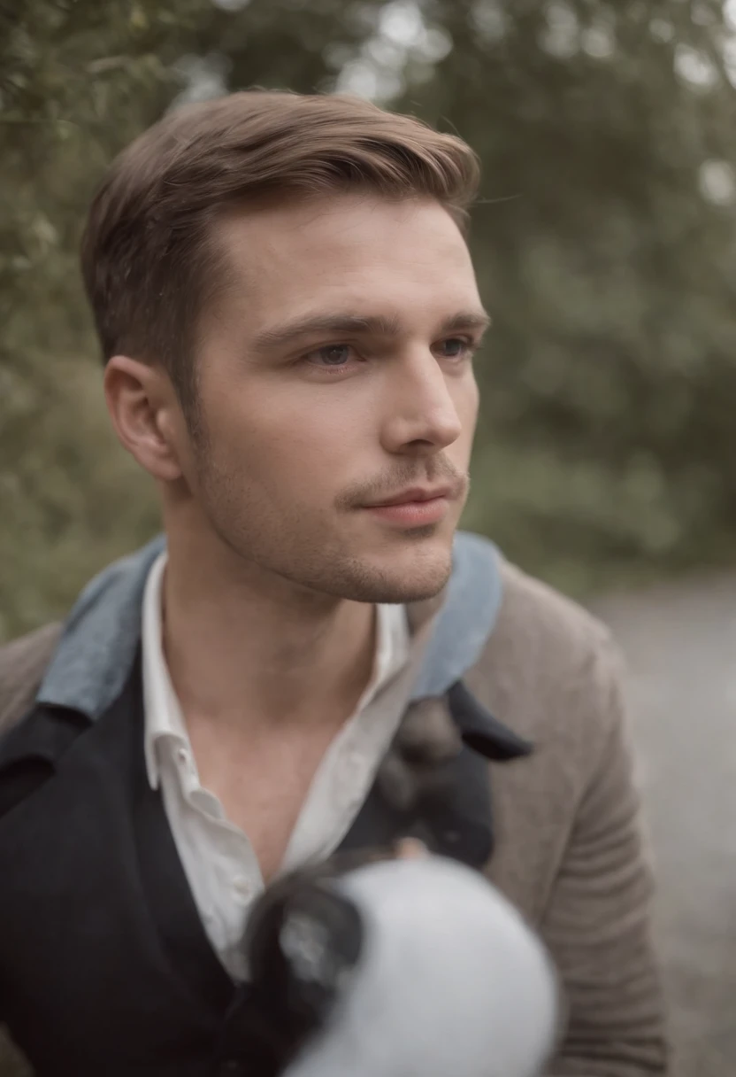 (master part:1.5, best quality:1.2, baixa qualidade:0.9), fotografia realista granulada nos anos 60, homem bonito sorrindo, banco, cabelos pretos, Sem barba