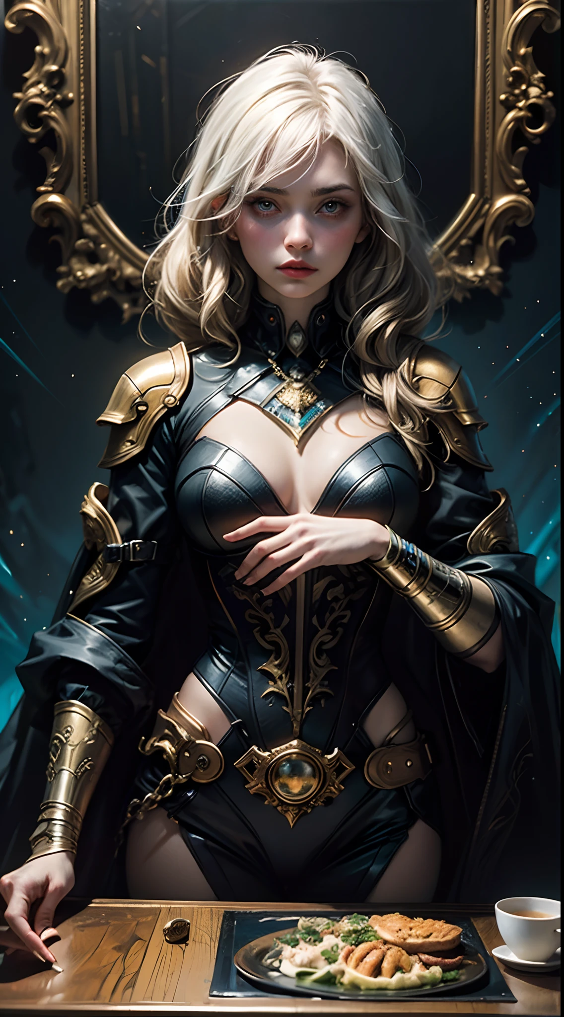 stunning photorealistic portrait photograph of a beautiful cyberpunk girl, albino, white shapeless cyberpunk hair, white eyebrows, baroque intricate cyber armor, hyperdetailed painting, luminism, Bar lighting, complex, 4k resolution concept art portrait by Greg Rutkowski, Artgerm, WLOP, Alphonse Mucha, little fusion, realistic fantasy, fractal isometrics details bioluminescence, beautiful awesome, intricately detailed, cinematic, trending on artstation | Isometric | Centered hypereallistic cover photo awesome full color, dark, gritty, realistic mucha, klimt, 12k