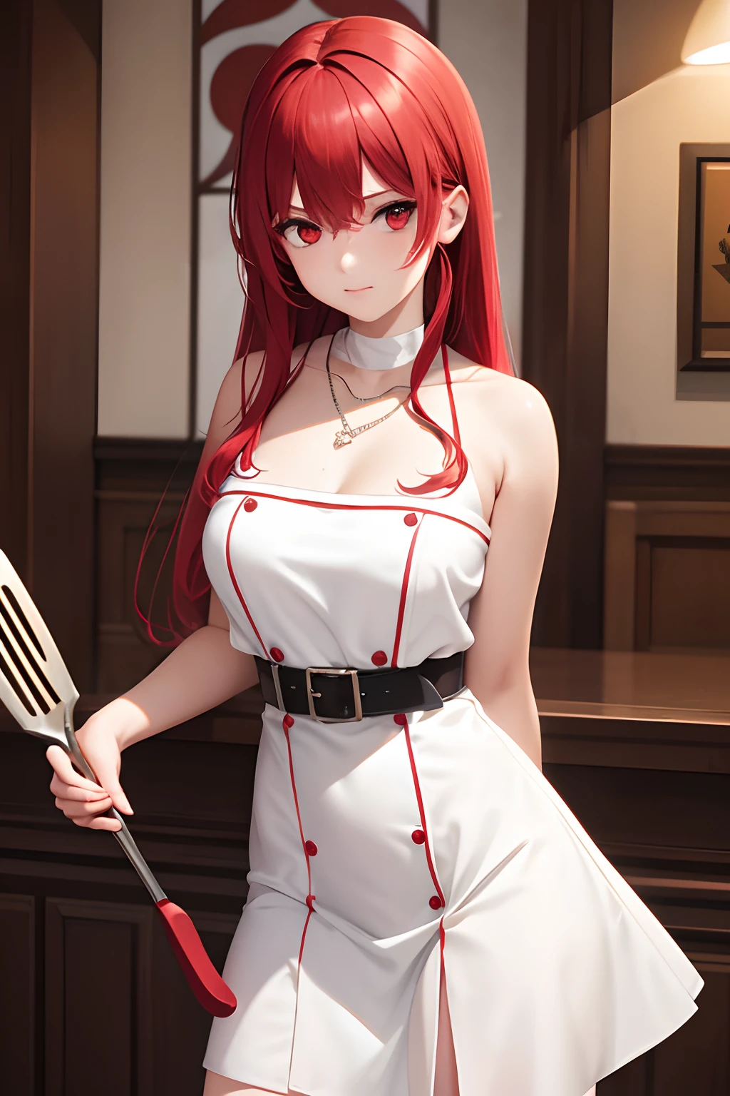 1 saint priest, red and white dress, red eyes, red hair, ************ girl, Spatula in hand, Best Quality, Ultra High Resolution, high detailed skin, belt, religious necklace, in a spatula world