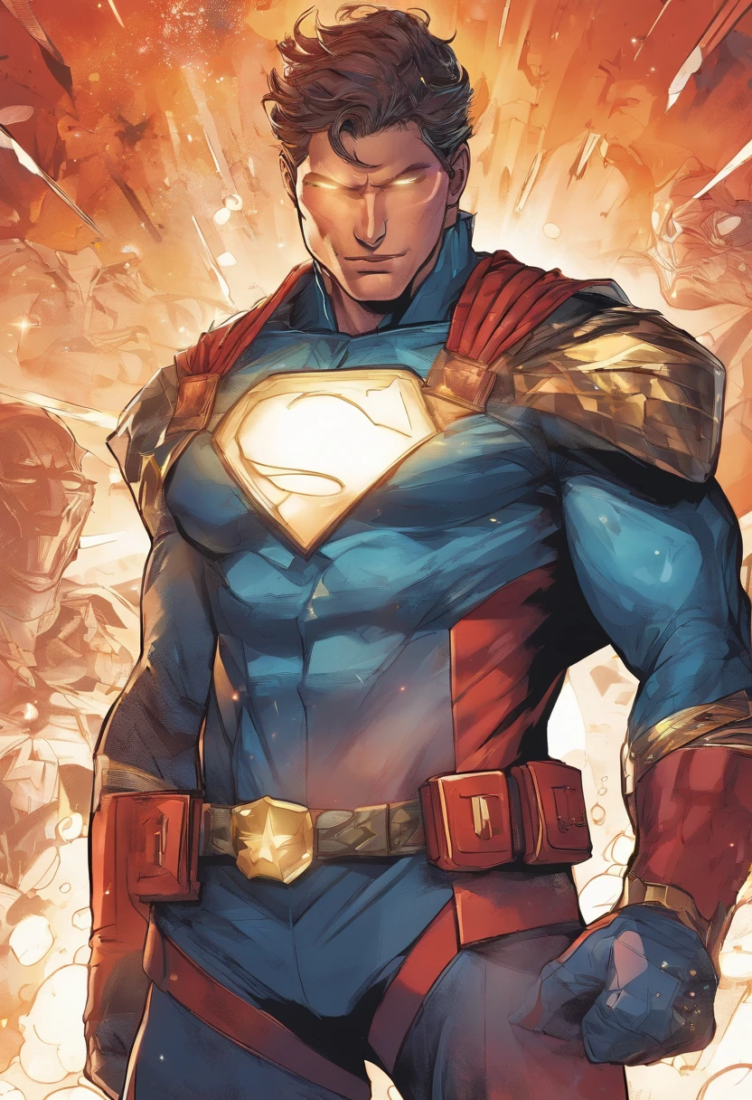 (best quality,4k,8k,Altas,master part:1.2),ultra-detalhado, livro,illustration,super-heroí, Traje branco,estrela no peito,Capa com capuz vermelho com estrelas,futuristic galaxy glasses,Man,Macho,heroic pose,fundo da paisagem urbana,cores vibrantes,foco nítido,Comic Style Shading,dynamic lighting, Symbol star on chest.