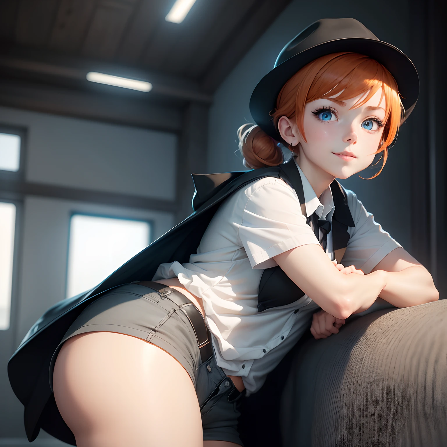 1Anime girl, detailed blue eyes, cute cheeks, angry, short ginger hair, low short ponytail, white shirt, light gray classic vest, black fedora hat, black glowes, black trousers, black coat, cute little realistic smile