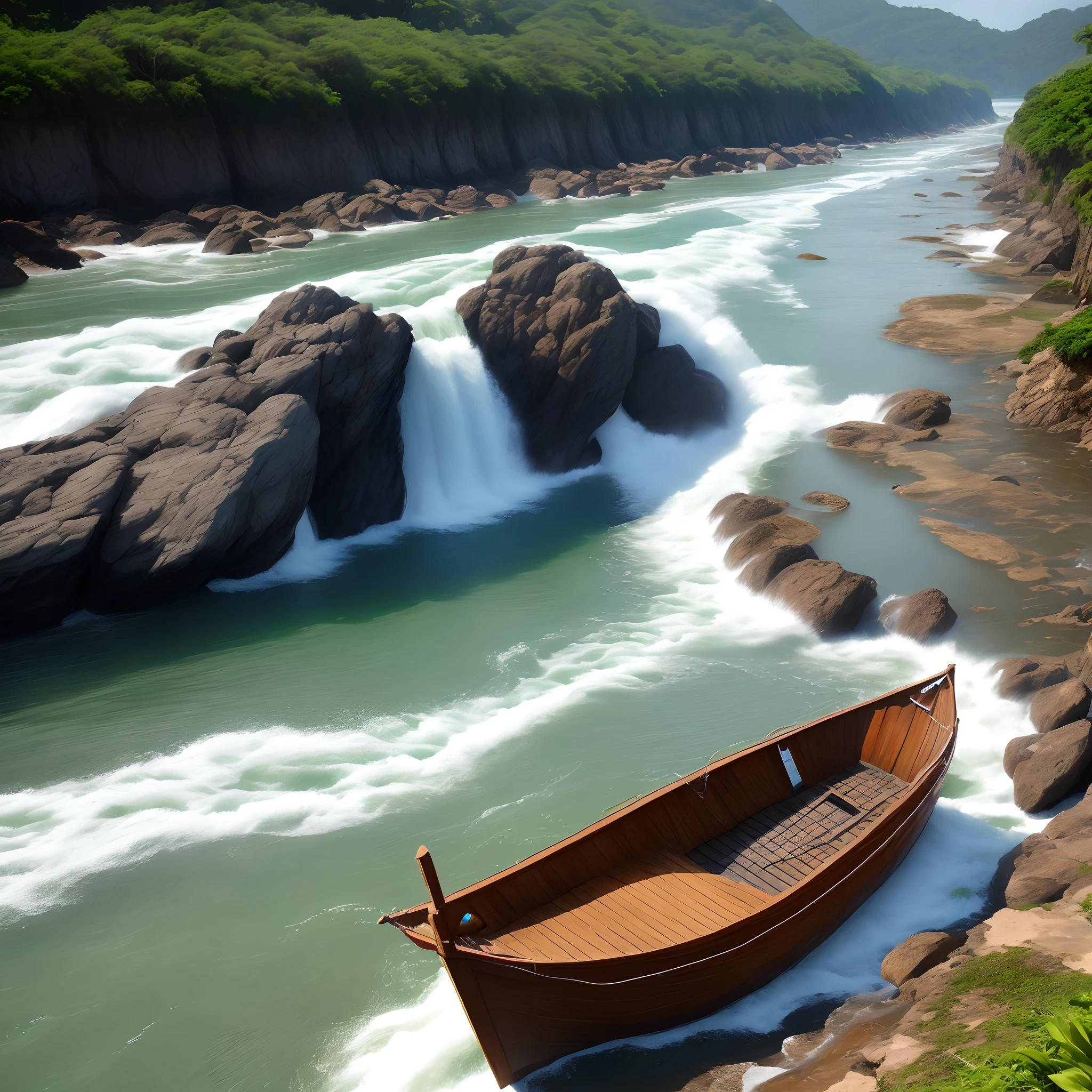 Crie uma cachoeira onde o mar desague em um rio realista e uma caravela portuguesa navegando