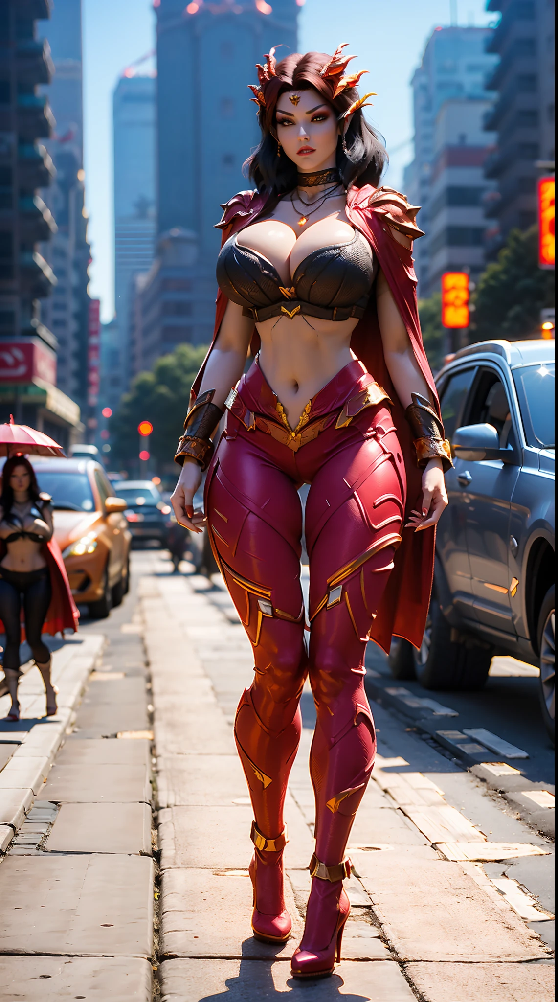 1GIRL, SOLO, COQUETTE, (HAIR ORNAMENT, NECKLACE), (HUGE FAKE BOOBS:1.3), (STREET CITY BACKGROUND), (FUTURISTIC RED PHOENIX MECHA CROP TOP, ROYAL CAPE, CLEAVAGE:1.2), (SKINTIGHT YOGA HOTPANTS, HIGH HEELS:1.2), (PERFECT BODY, FULL BODY VIEW:1.5), (LOOKING AT VIEWER), (WALKING DOWN:1.2), MUSCLE ABS:1.3, ULTRA HIGHT DEFINITION, 8K, 1080P.