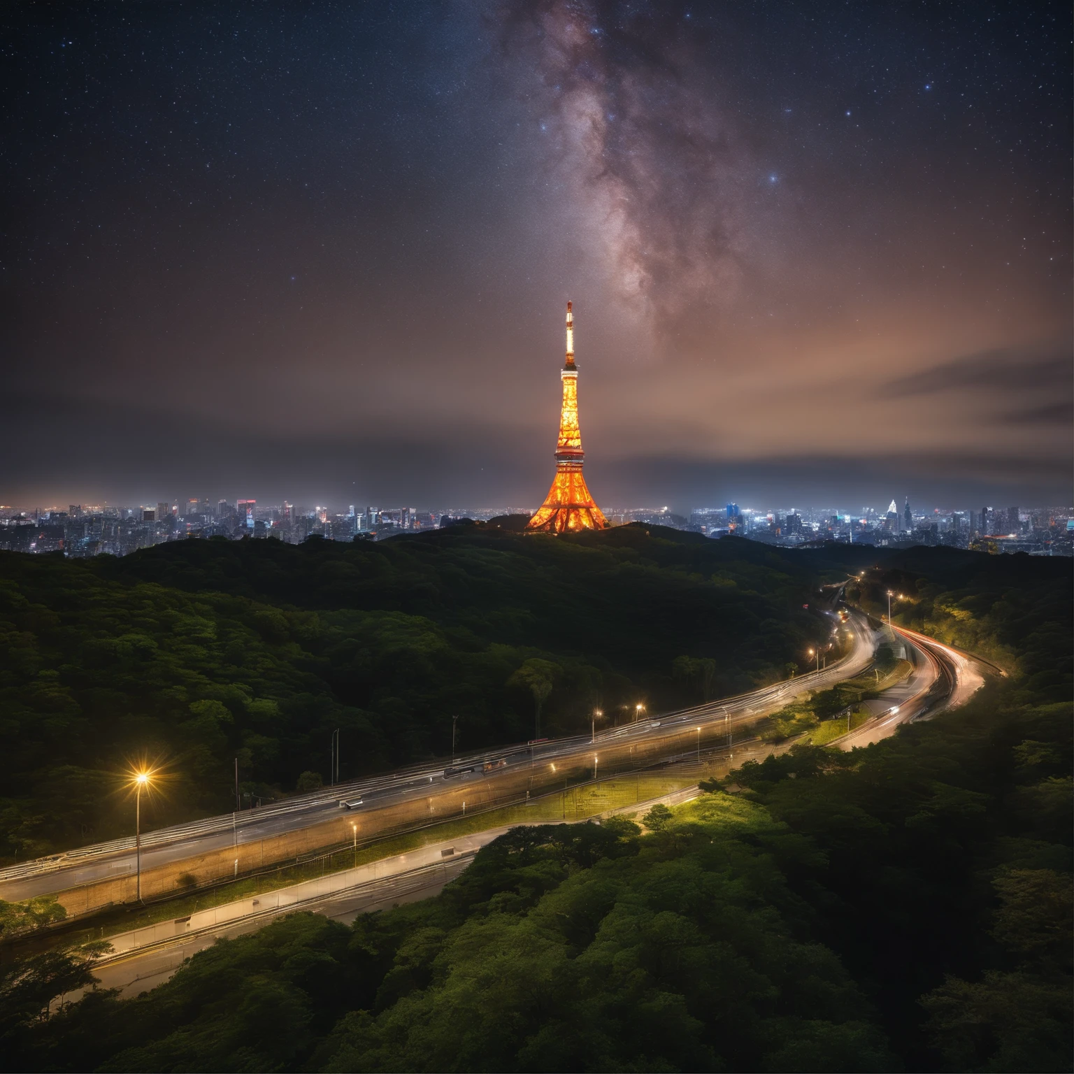Master Parts、Superior Quality、superior image quality、The 8k quality、Beautiful pictures of the starry sky、magnifica、Arched Milky Way:1.9、Tokyo tower