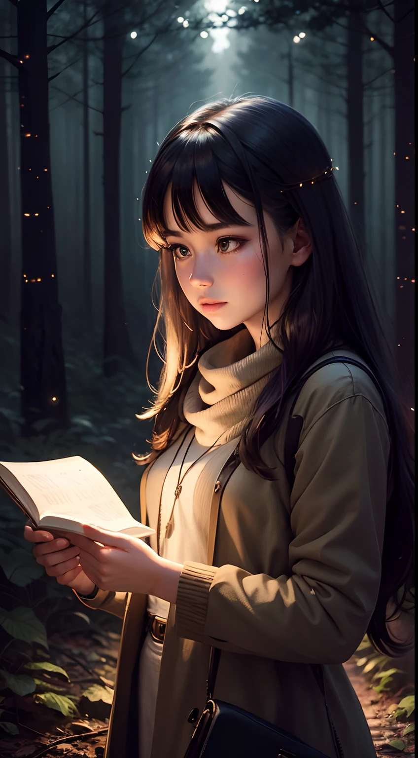 Woman holding a dusty diary battling against a shadow in a forest at night full of fireflies around her