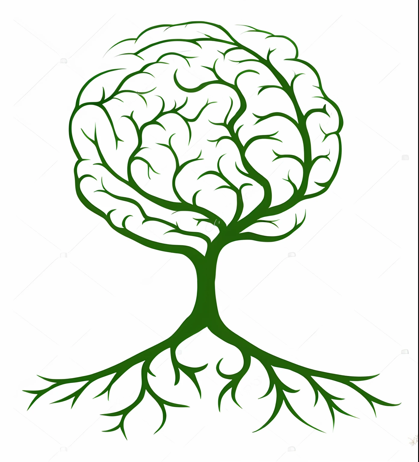 a tree with roots and a brain in the form of a tree, tree of life brains, brain tree eye holy grail, tree of life seed of doubt, root system, trees growing on its body, dendritic, tree's, stock image, dendrites, roots, tall root tree background, ents, central tree, 1024x1024, the tree is white and the background is light green