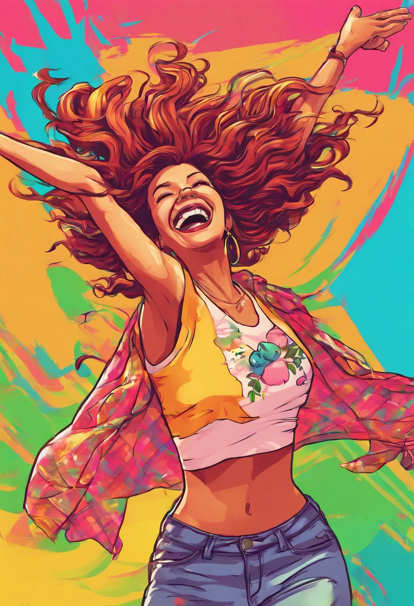 Camera highlights the hair of the smiling woman dancing with the wind