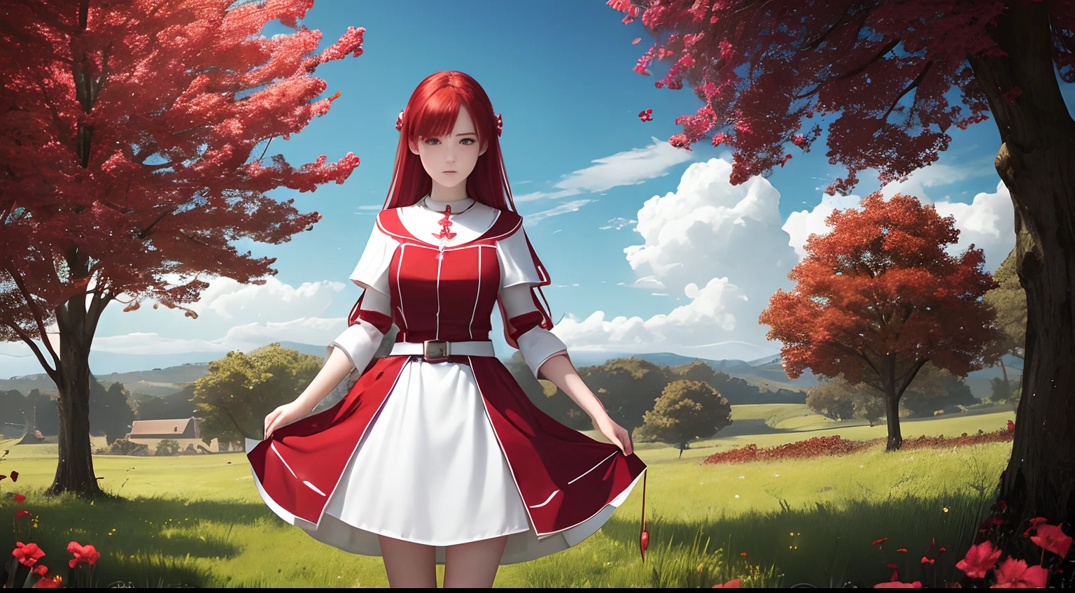 1 saint priest, red and white dress, red eyes, red hair, 16 years old girl, Spatula in hand, Best Quality, Ultra High Resolution, high detailed skin, belt, religious necklace, in a fantasy meadow, purple glowing tree, red sun