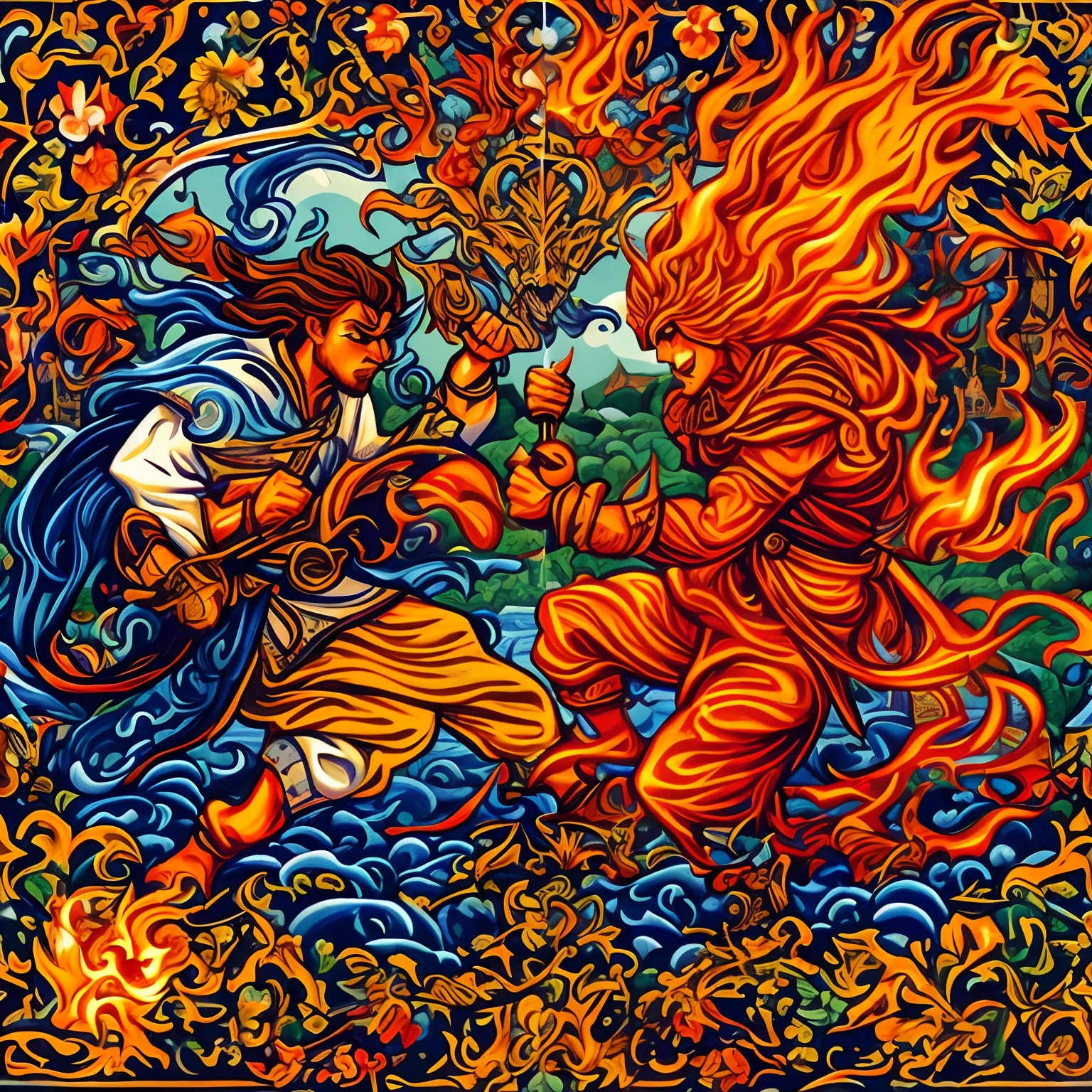 a close up of a painting of a man and a woman fighting, persian folklore illustration, battle between good and evil, persian folktale artstyle, persian folktale art style, el bosco and dan mumford, jesus christ fighting lucifer, maxim sukharev, inspired by Ivan Bilibin, fiery battle coloring, anton fadeev and dan mumford