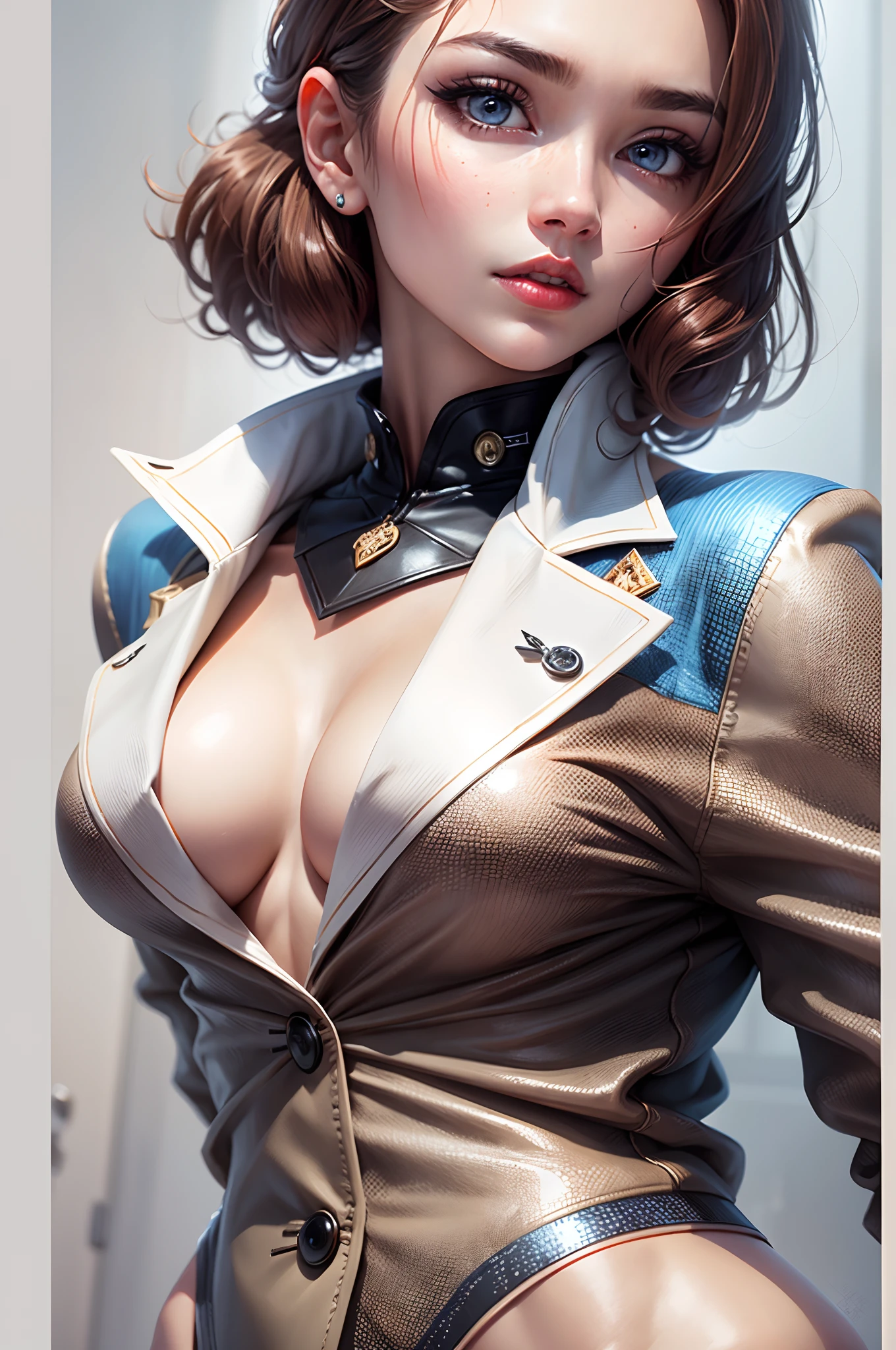 Woman wearing white business suit for office, ((Best quality, 8k, Masterpiece :1.3)), dramatic lighting, pretty woman, perfect chest siza, angel face, amazing blue eyes,whute skin, white face, red lips with perfect look, berfect face, wearing black shirt covered with white jacket , look formal, 1girl, (firm abs, slender figure :1.1), lustful, dark brown hair, ultra-detailed face, detailed lips, detailed eyes, double eyelid, --auto --s2