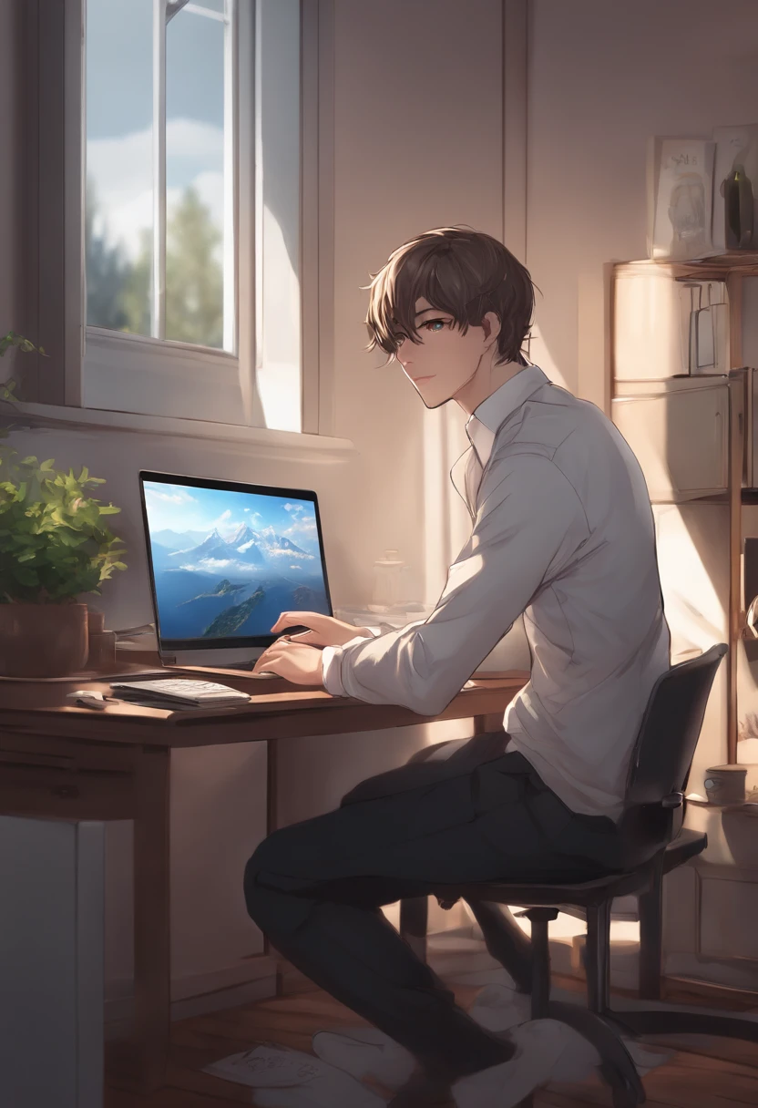 anime guy sitting at a desk with a laptop and a monitor, anime style 4 k, 4k anime wallpaper, badass anime 8 k, 4 k manga wallpaper, young anime man, anime boy, anime wallpaper 4 k, anime wallpaper 4k, high quality anime artstyle, anime moe artstyle, anime art wallpaper 8 k, anime art wallpaper 4 k, RGB lighting,