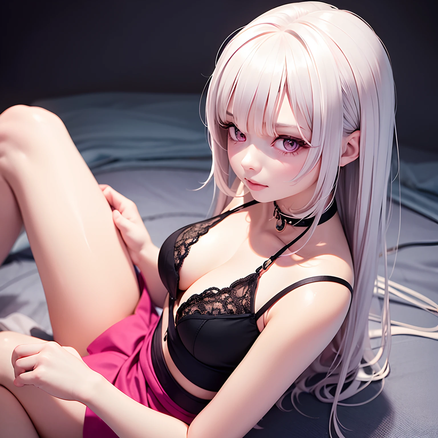 Simple white haired girl with pink clothes and accessories, she has pink eyes and pale skin