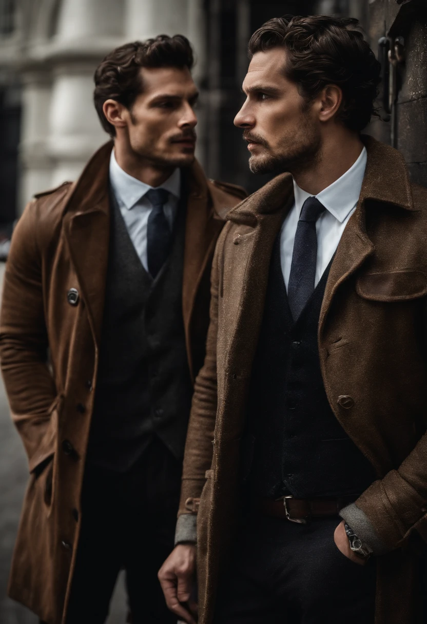 Jamie Dornan/Henry Cavill lookalike, tall wearing a leather jacket, and David Gandy/Henry Cavill lookalike, standing in London looking at each other lovingly