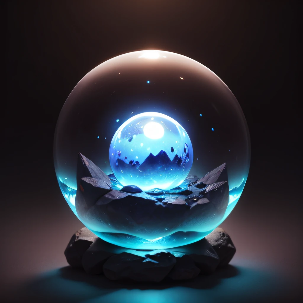 the core of a slime monster, blue stone, perfect sphere, dense and translucent, glowing with magic, ((black background))