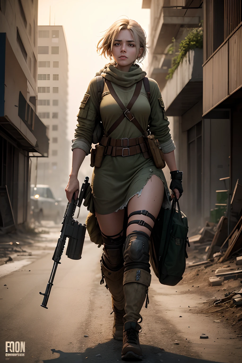 "Capture the resilience and beauty of a young woman who has defied the odds, surviving the first year after the apocalypse. In this post-apocalyptic world, she stands tall amidst the ruins of a once-thriving city. She is near naked with her clothing in tatters, but her spirit is unbroken. With a determined look in her eyes, she carries a weathered backpack slung over one shoulder and grips a trusty rifle in her other hand, a symbol of her survival skills. By her side, a loyal and imposing large German Shepherd walks with her, both companions in a world forever changed. As she strides towards the camera on the desolate, abandoned city street, capture the strength, resilience, and hope that define her character."
