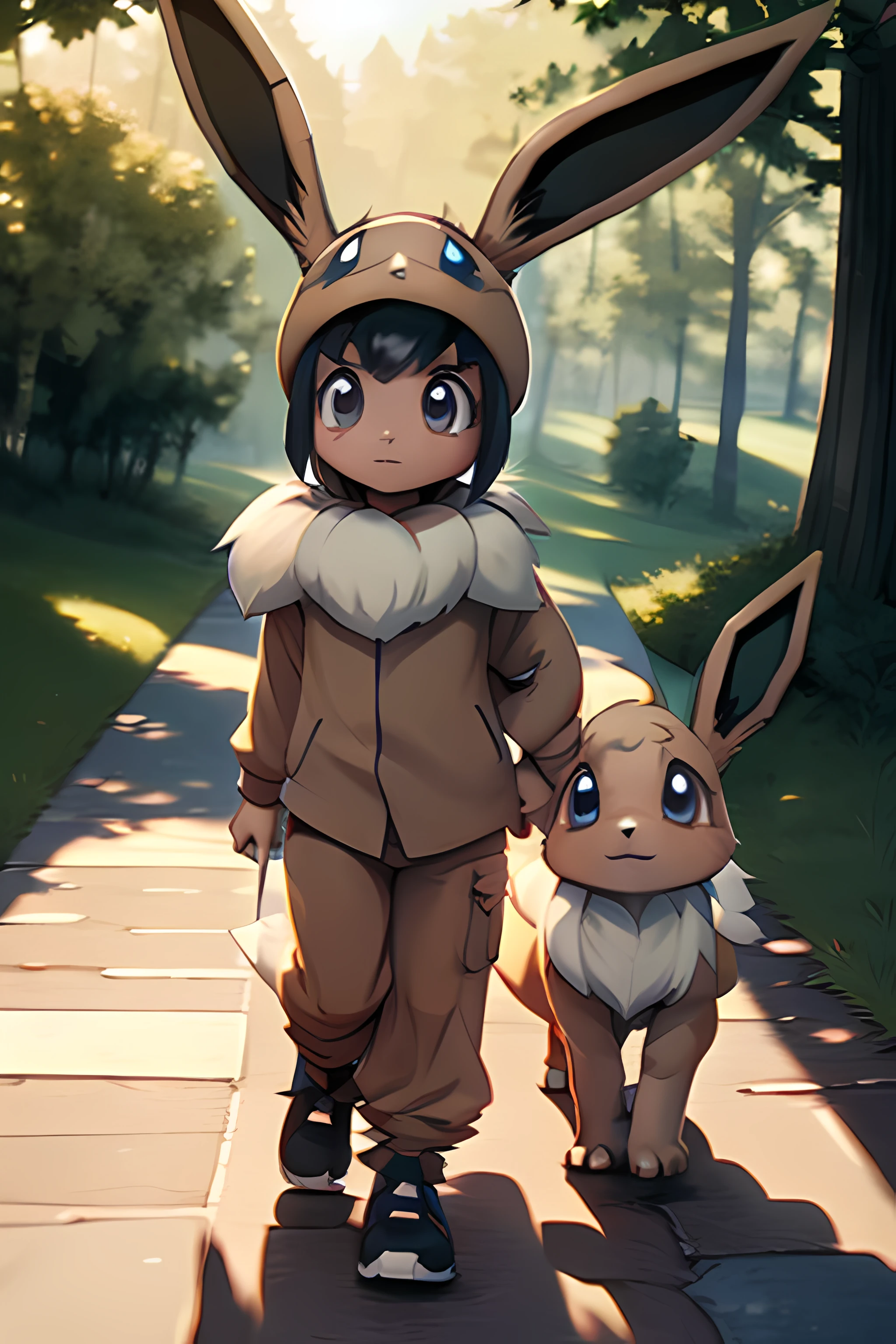 pokekid taking her pet eevee for a walk