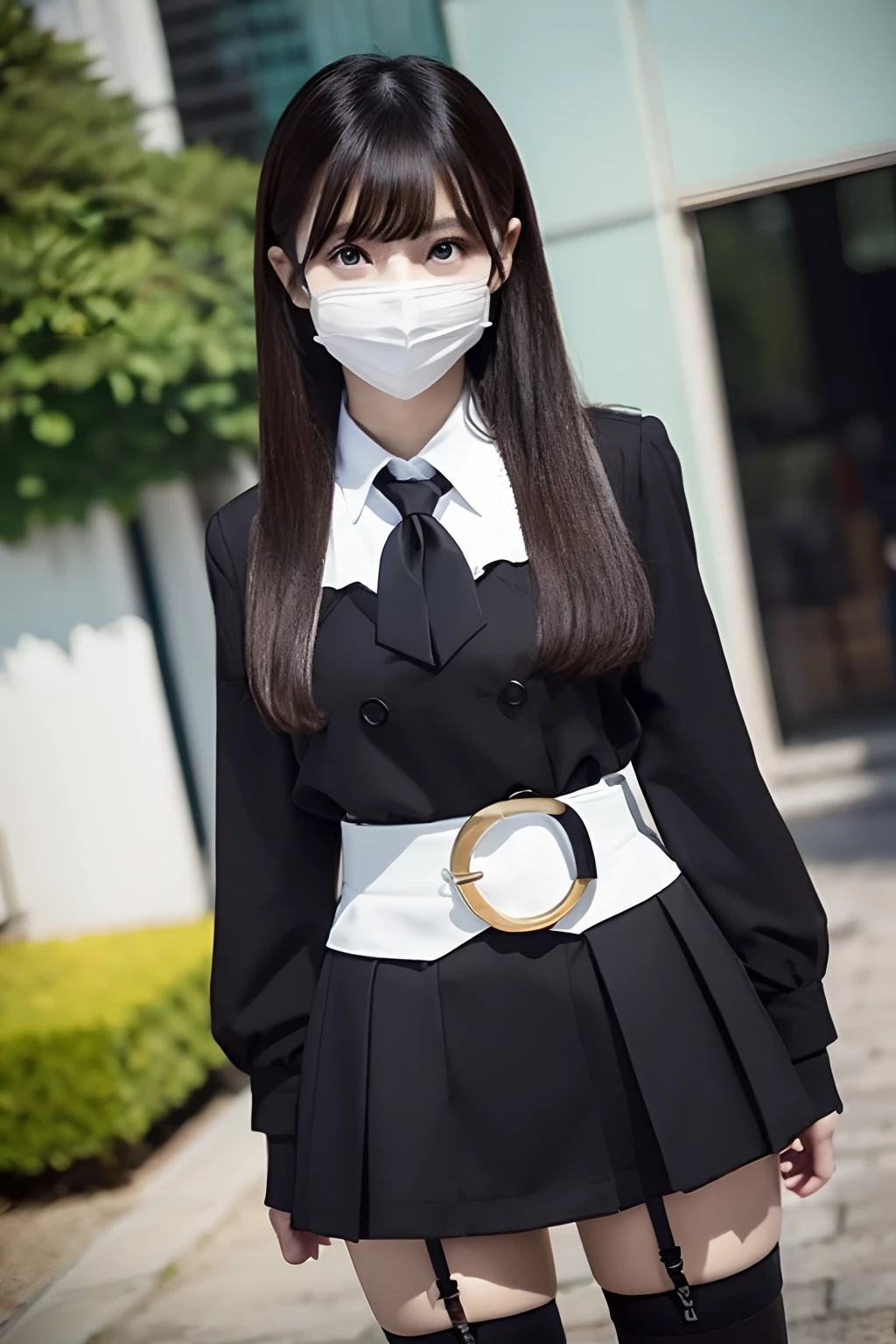 masterpiece、top-quality、The ultra -The high-definition、、colourfull、flat-colors、depth of fields、lens flare 1 girl、、A dark-haired、watching at viewers Cutter shirt a belt suspenders working adults materia OL Black Suit Black jacket glares huge-breasted a miniskirt garterbelts knee high Stockings Black Neeso Mask Rat-colored eyes