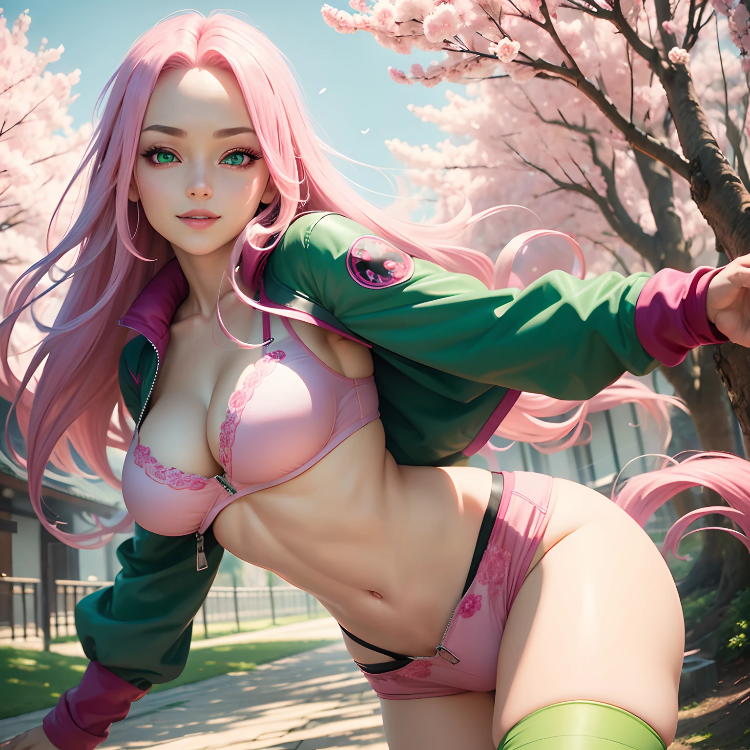 tmasterpiece, Best quality at best, 1 girl, Sakura Haruno, big breasts, revealing clothes, (pink bra), sexy looking, shy, smiling, with pink hair, long white hair, (green eyeballs :1.4), Protector forehead, cherry blossom tree, Cherry blossoms flying, Red shirt, Zipper open