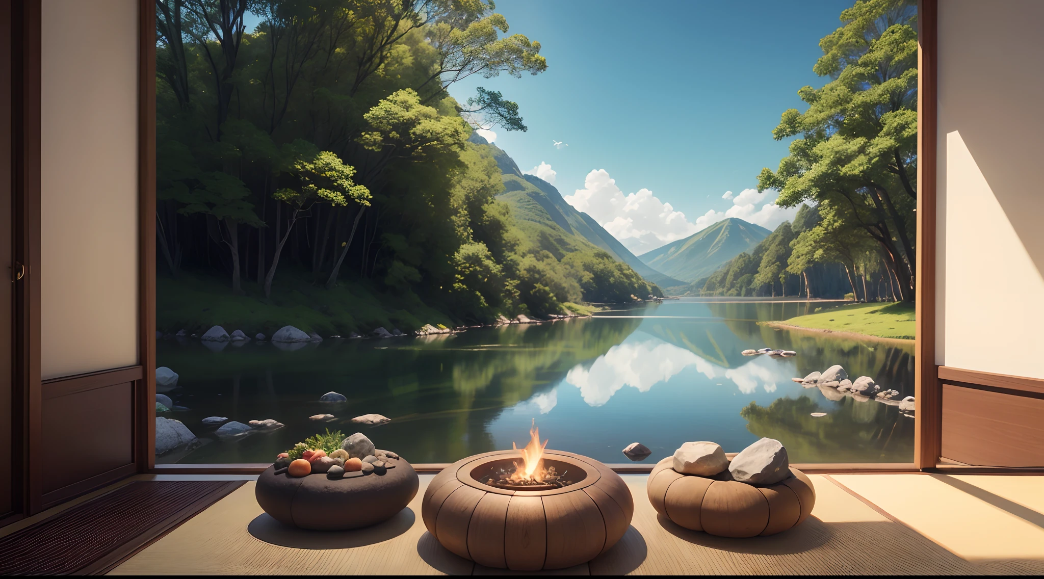 A serene environment perfect for meditation, Apresentando um lago tranquilo rodeado por florestas exuberantes e montanhas, com um jardim zen em primeiro plano. Content: Lago calmo, montanhas arborizadas, Jardim zen com areia e pedras. medium: fotografia hiper-realista, altamente detalhado, 16k resolution. Estilo: uma mistura de beleza natural e filosofia oriental, inspirado nas paisagens tranquilas das pinturas tradicionais a tinta japonesa. The lighting: macio, Diffused morning light casting a peaceful glow over the scene. Cores: uma paleta suave de azuis, verdura, e tons terrosos, conveying a sense of inner peace.
